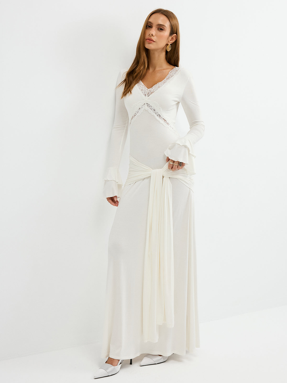 Lace Trim Tie-Waist Tiered Flared-Cuff Maxi Dress-Chicvia