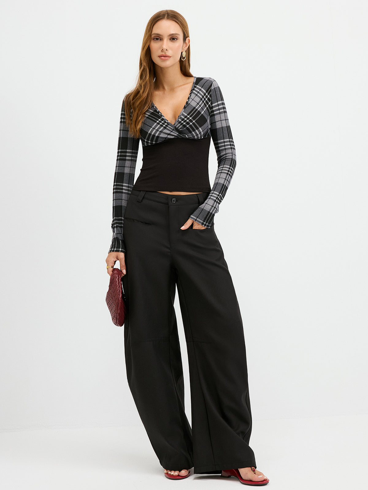 Plaid Paneled Slim-Fit Knit Long Sleeve Blouse-Chicvia