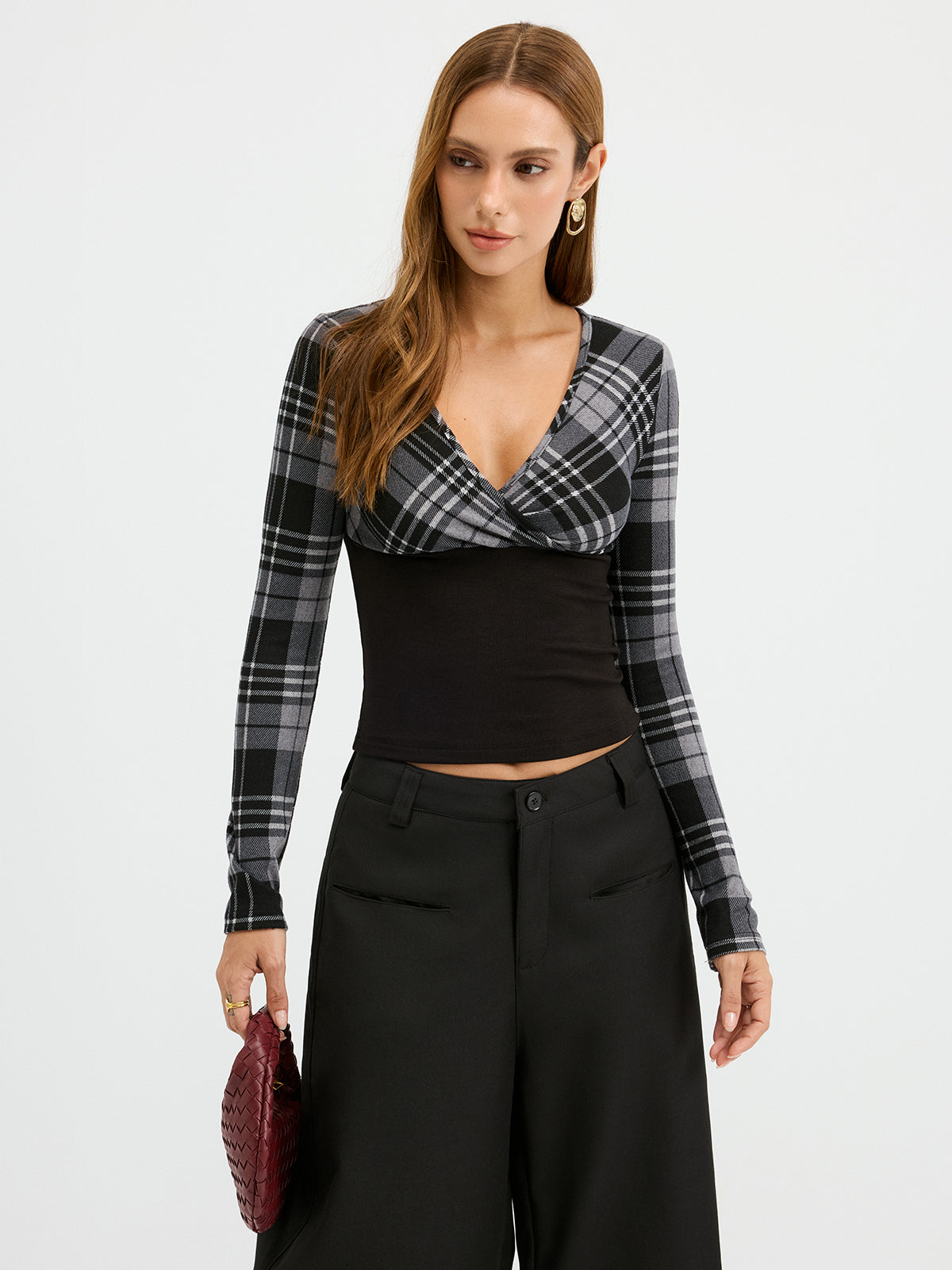 Plaid Paneled Slim-Fit Knit Long Sleeve Blouse-Chicvia
