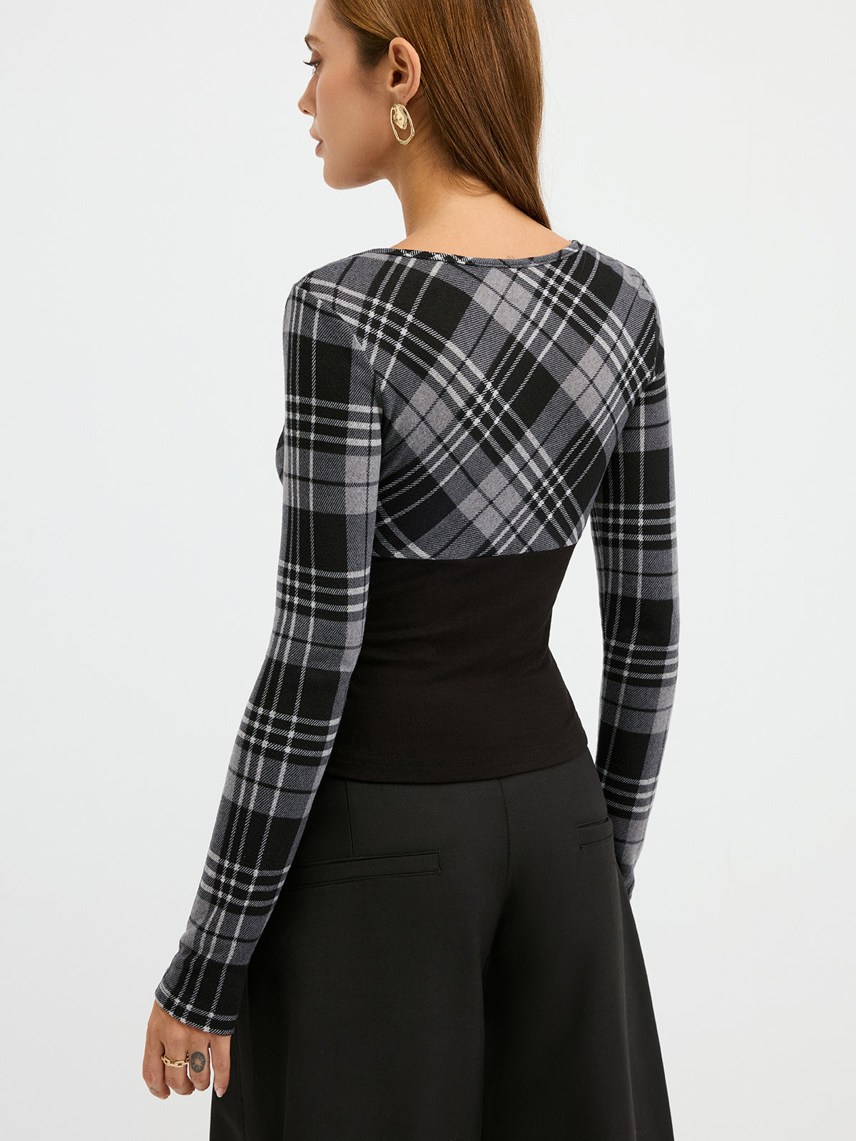 Plaid Paneled Slim-Fit Knit Long Sleeve Blouse-Chicvia