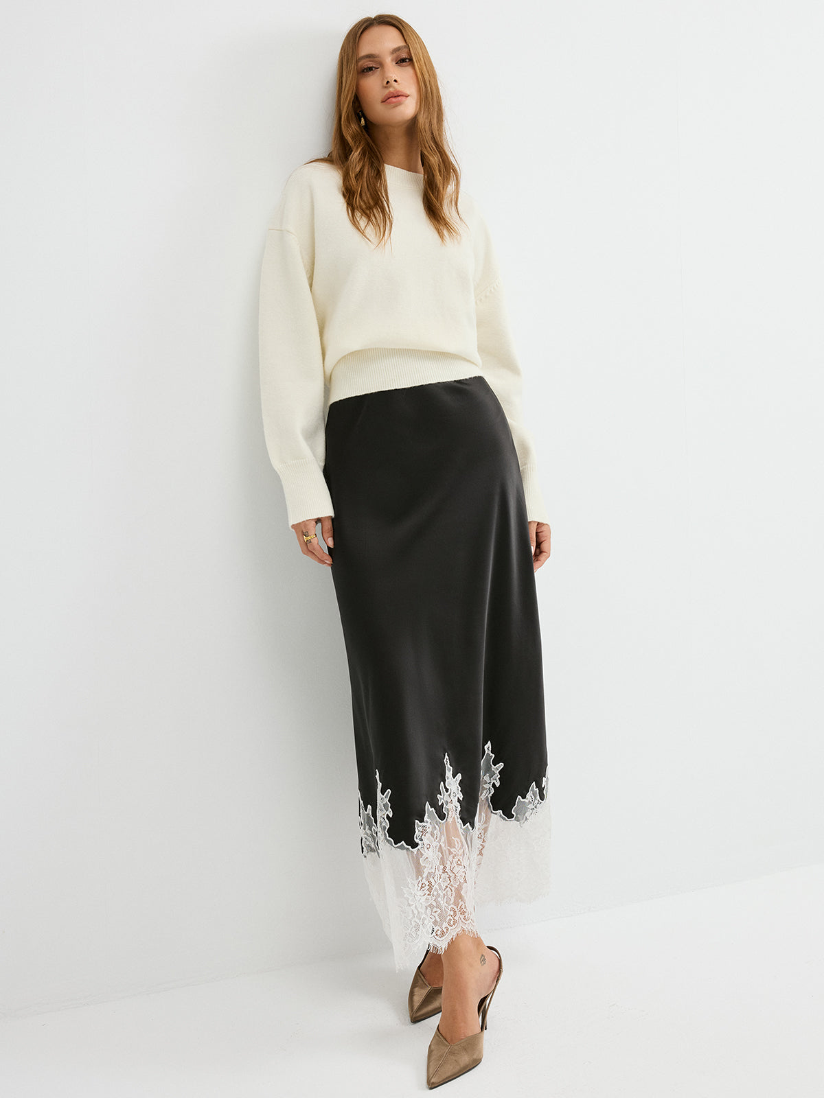 Lace Hem Satin Maxi Skirt-Chicvia