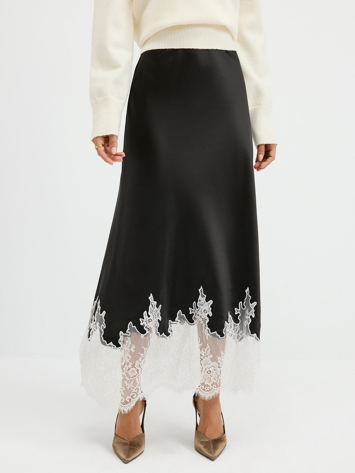 Lace Hem Satin Maxi Skirt-Chicvia