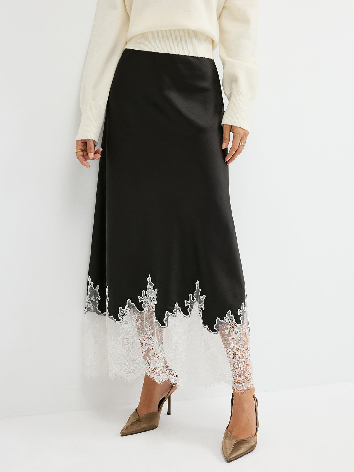 Lace Hem Satin Maxi Skirt-Chicvia