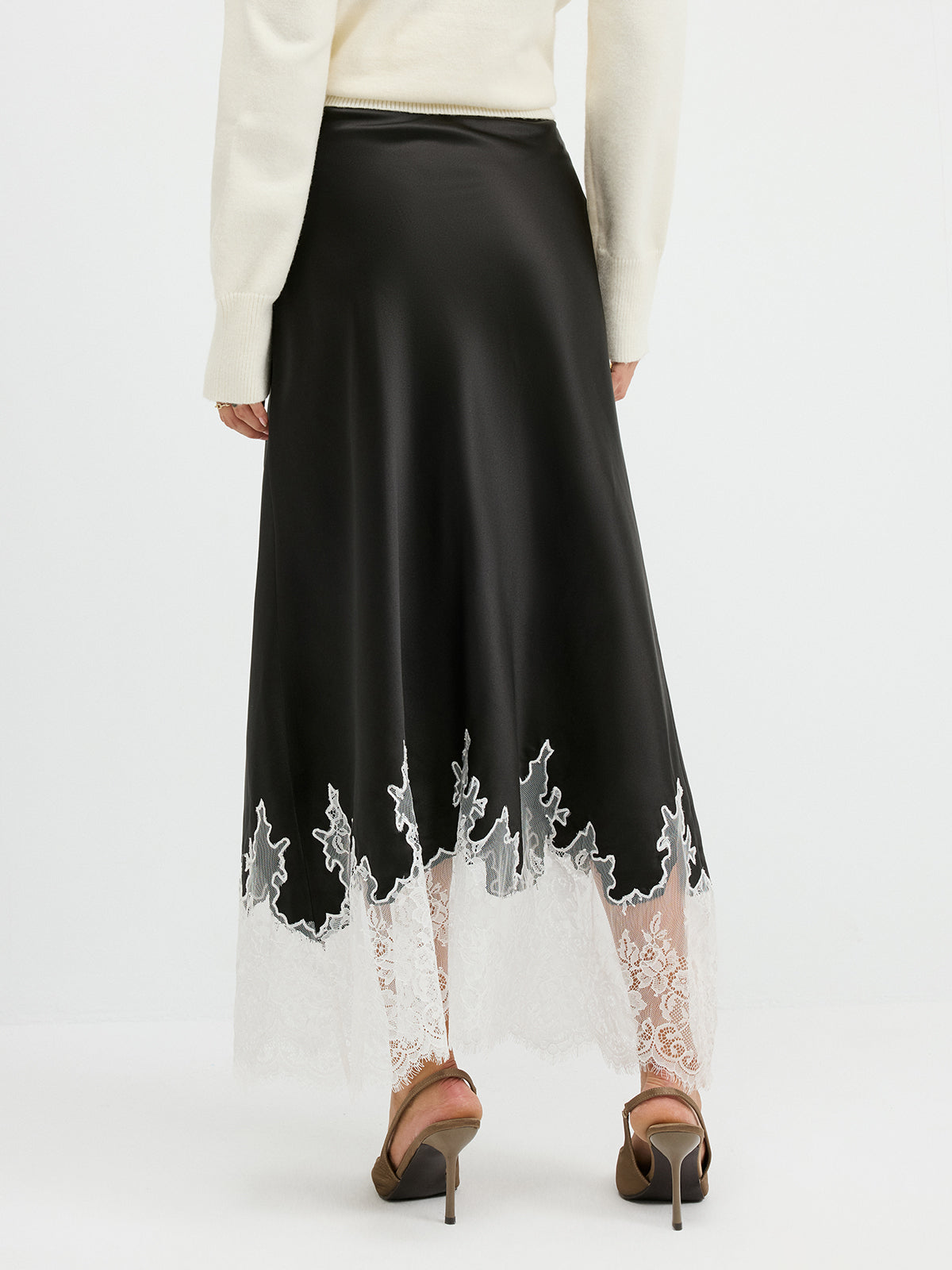 Lace Hem Satin Maxi Skirt-Chicvia