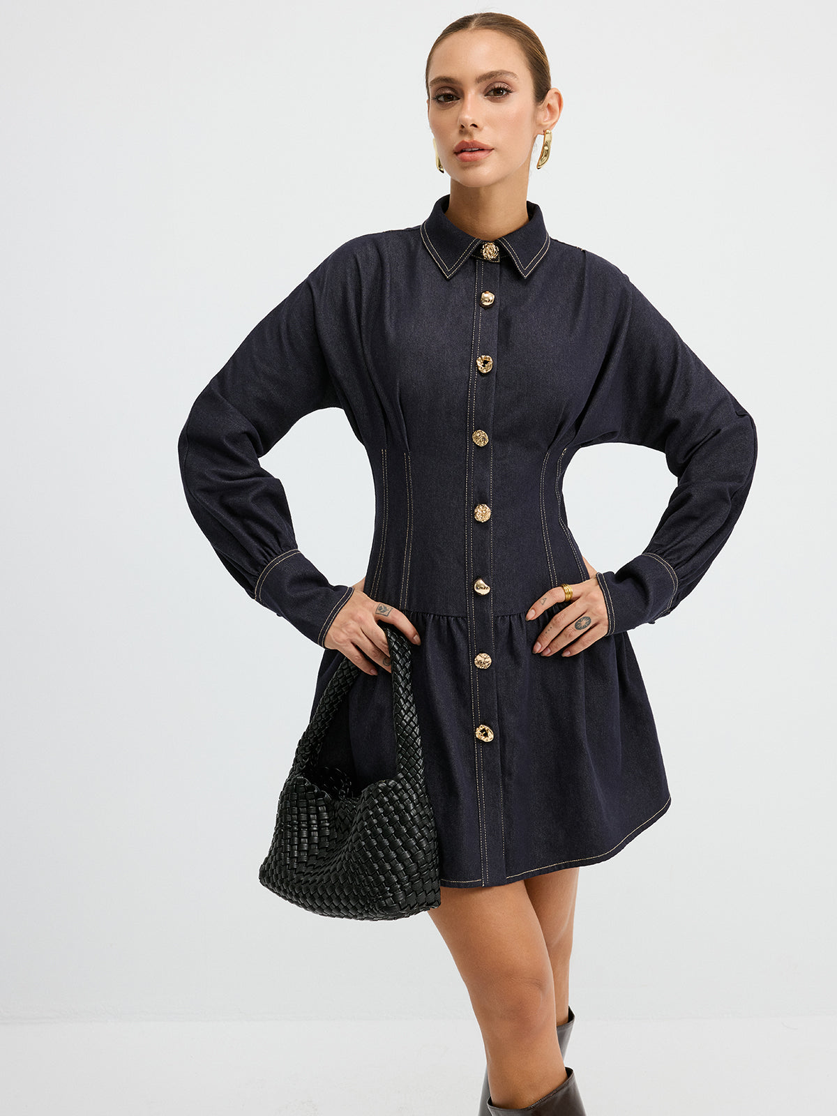 Denim Metal Button Shirt Dress-Chicvia