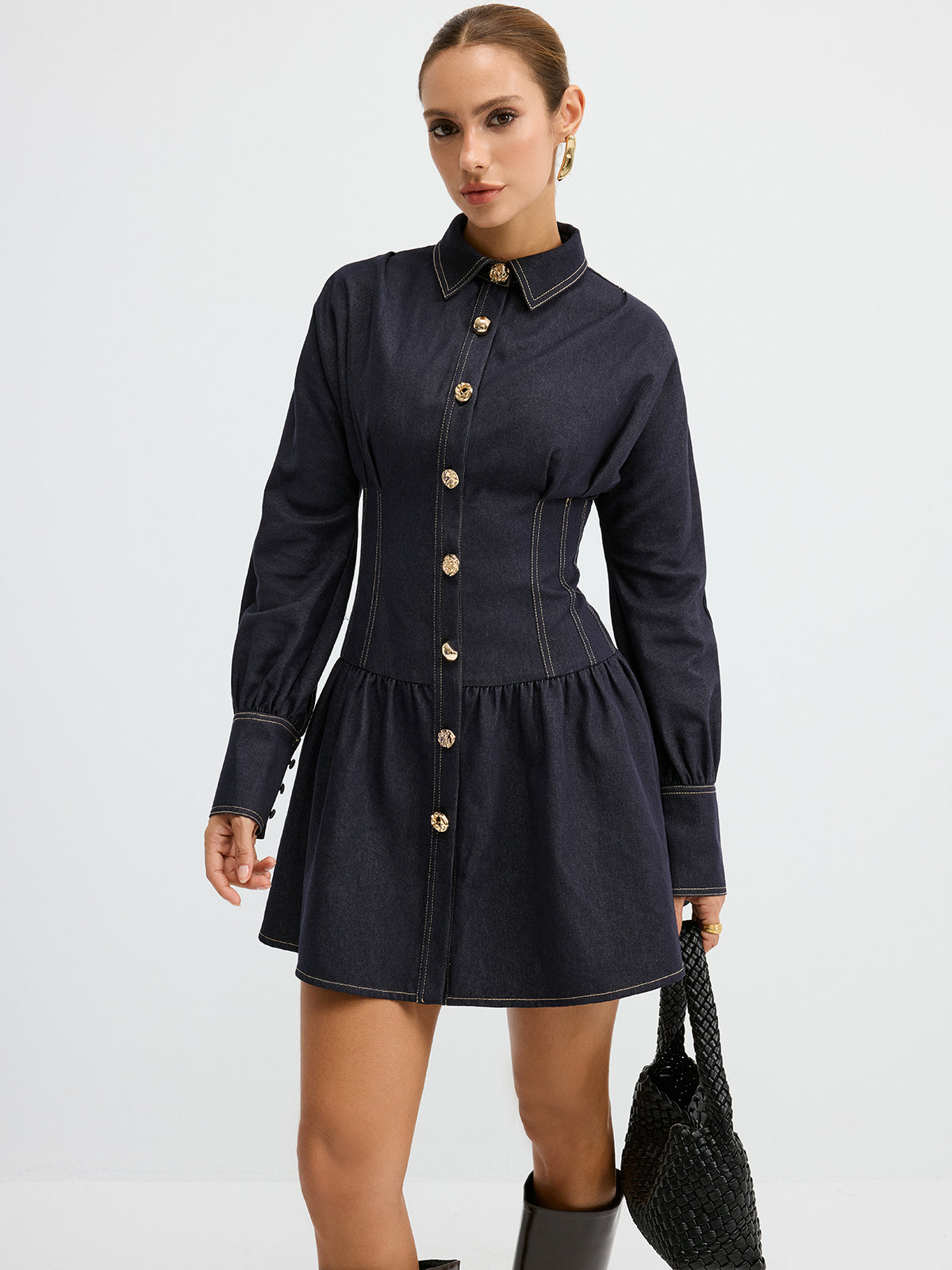 Denim Metal Button Shirt Dress-Chicvia