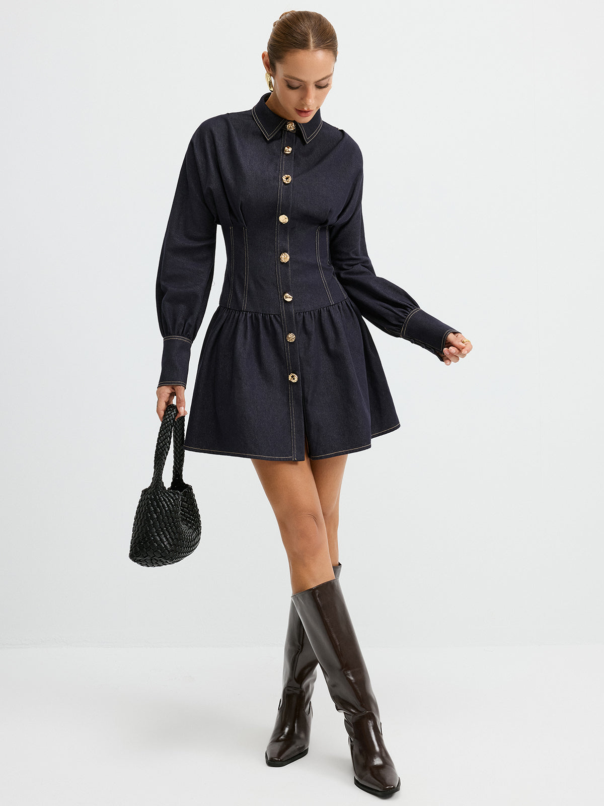 Denim Metal Button Shirt Dress-Chicvia