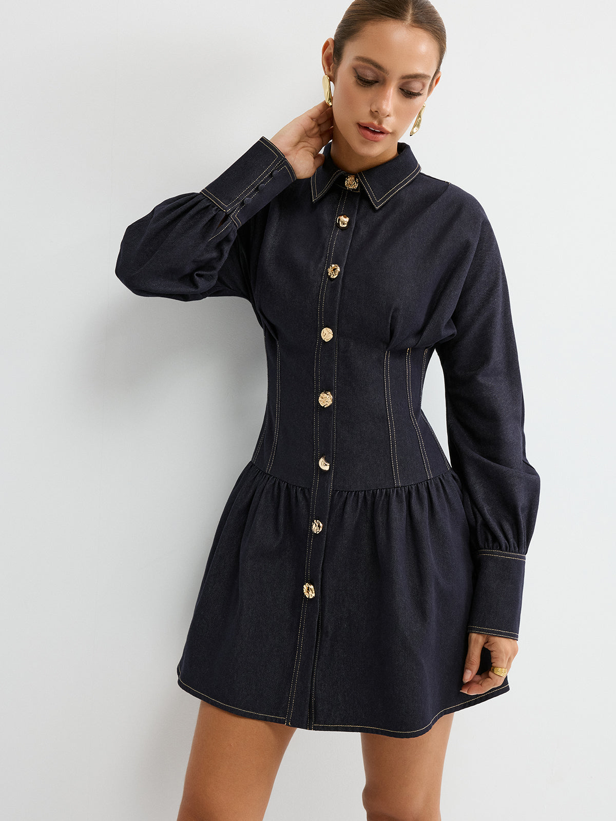 Denim Metal Button Shirt Dress-Chicvia