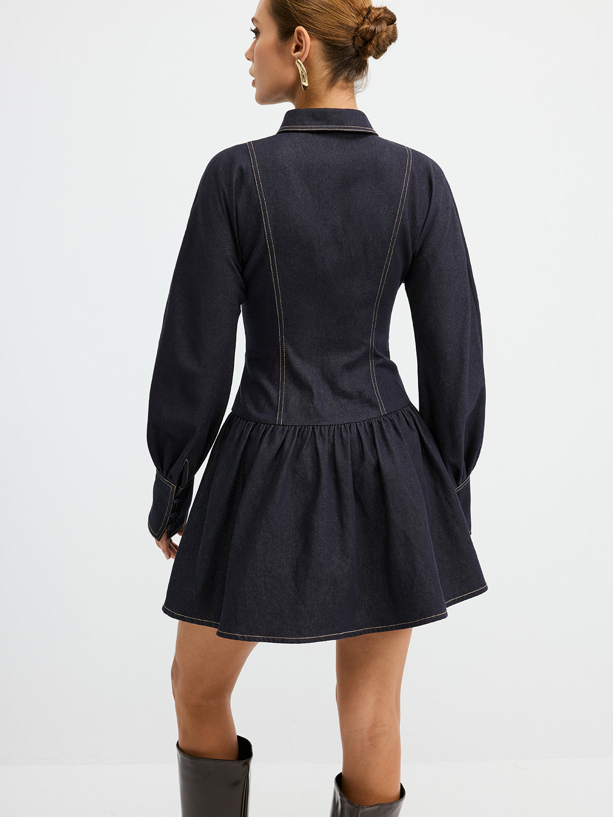 Denim Metal Button Shirt Dress-Chicvia