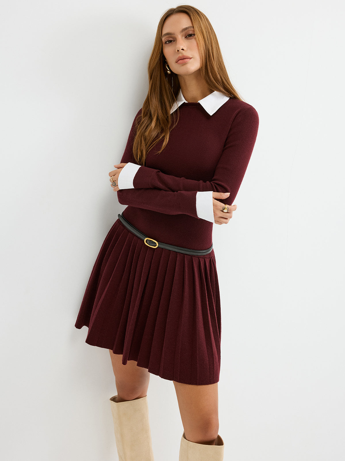 Detachable Shirt Collar Pleated Mini Dress without Belt-Chicvia