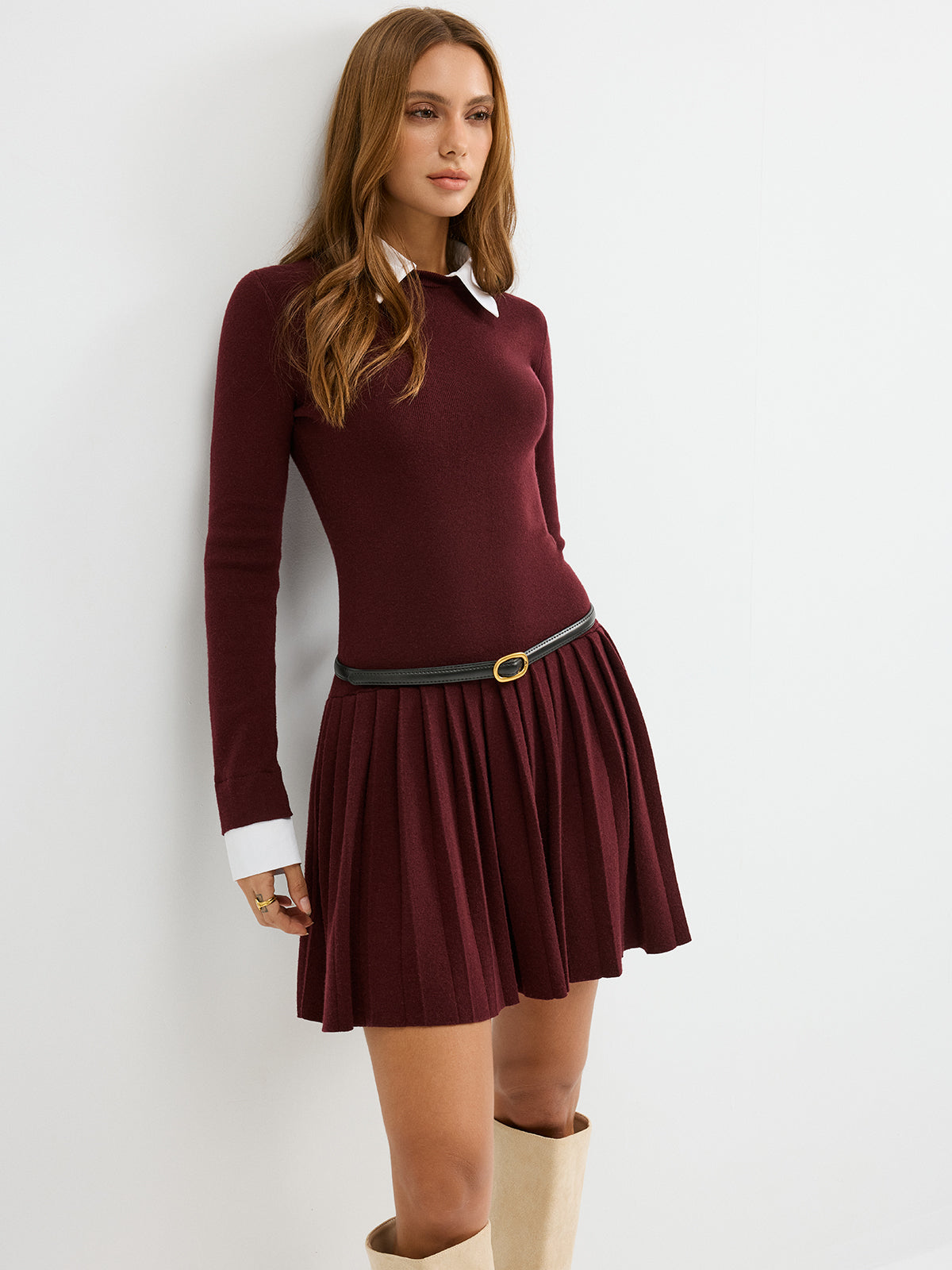 Detachable Shirt Collar Pleated Mini Dress without Belt-Chicvia