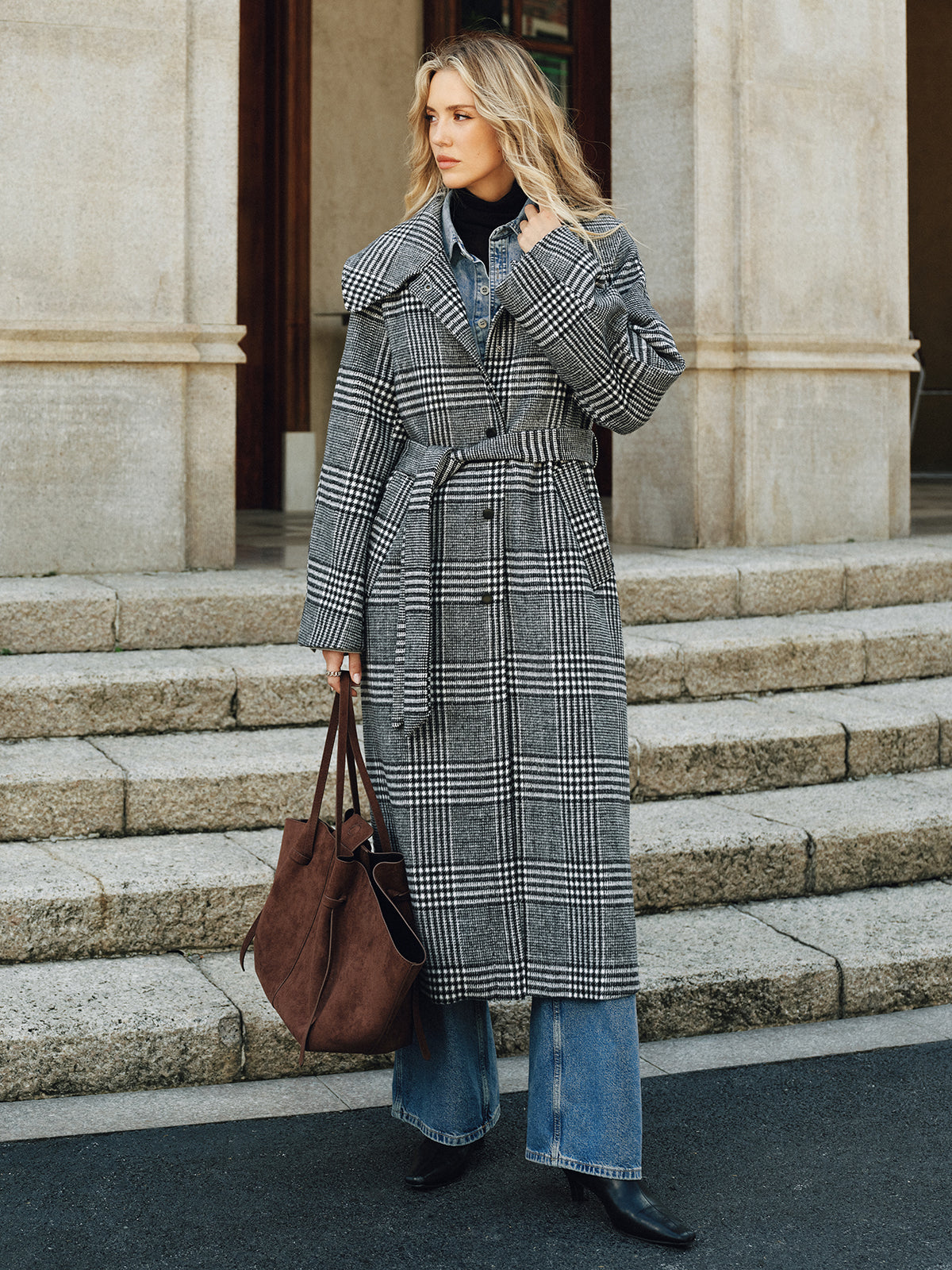 Belted Plaid Tweed Long Coat-Chicvia