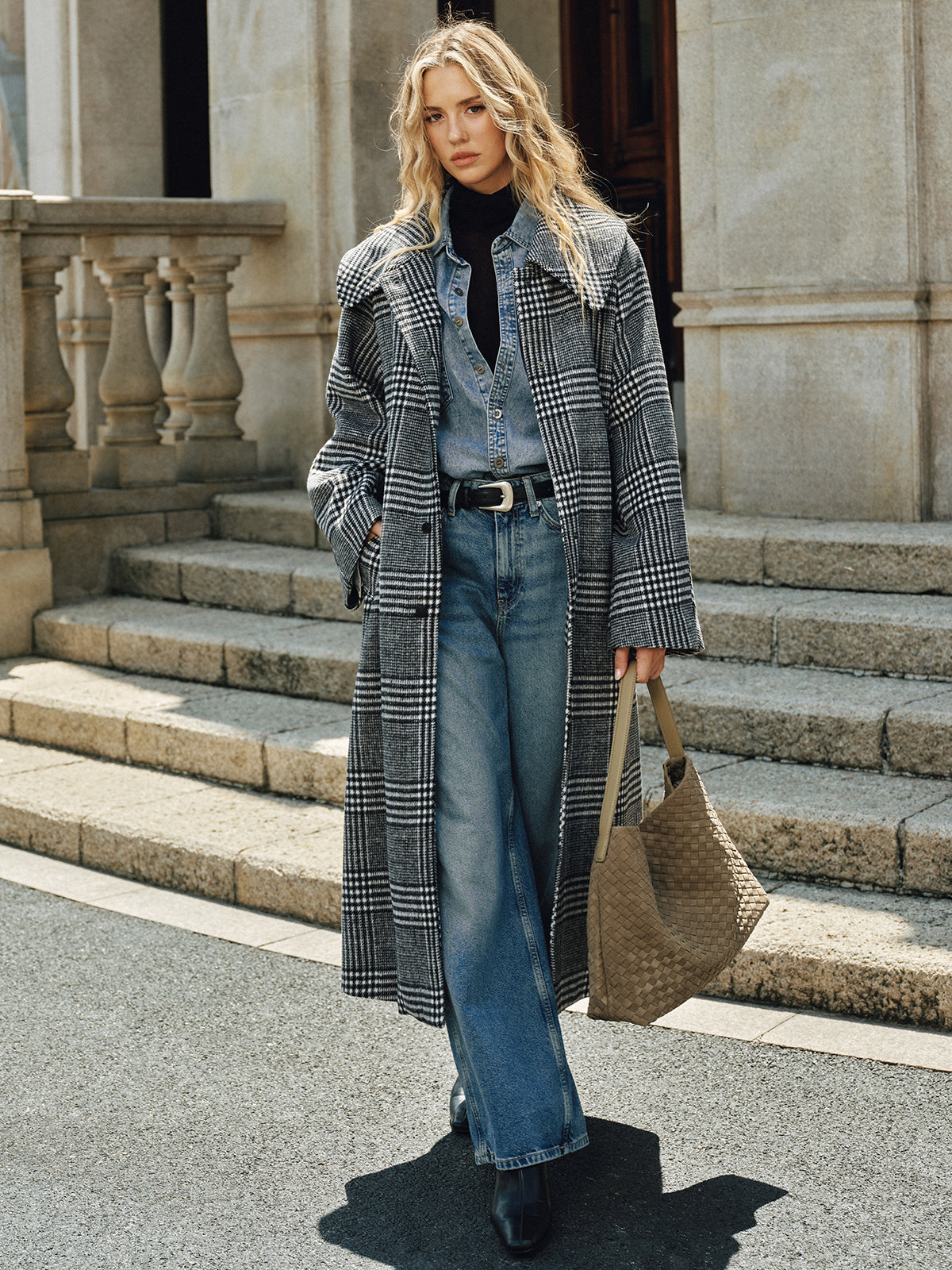 Belted Plaid Tweed Long Coat-Chicvia