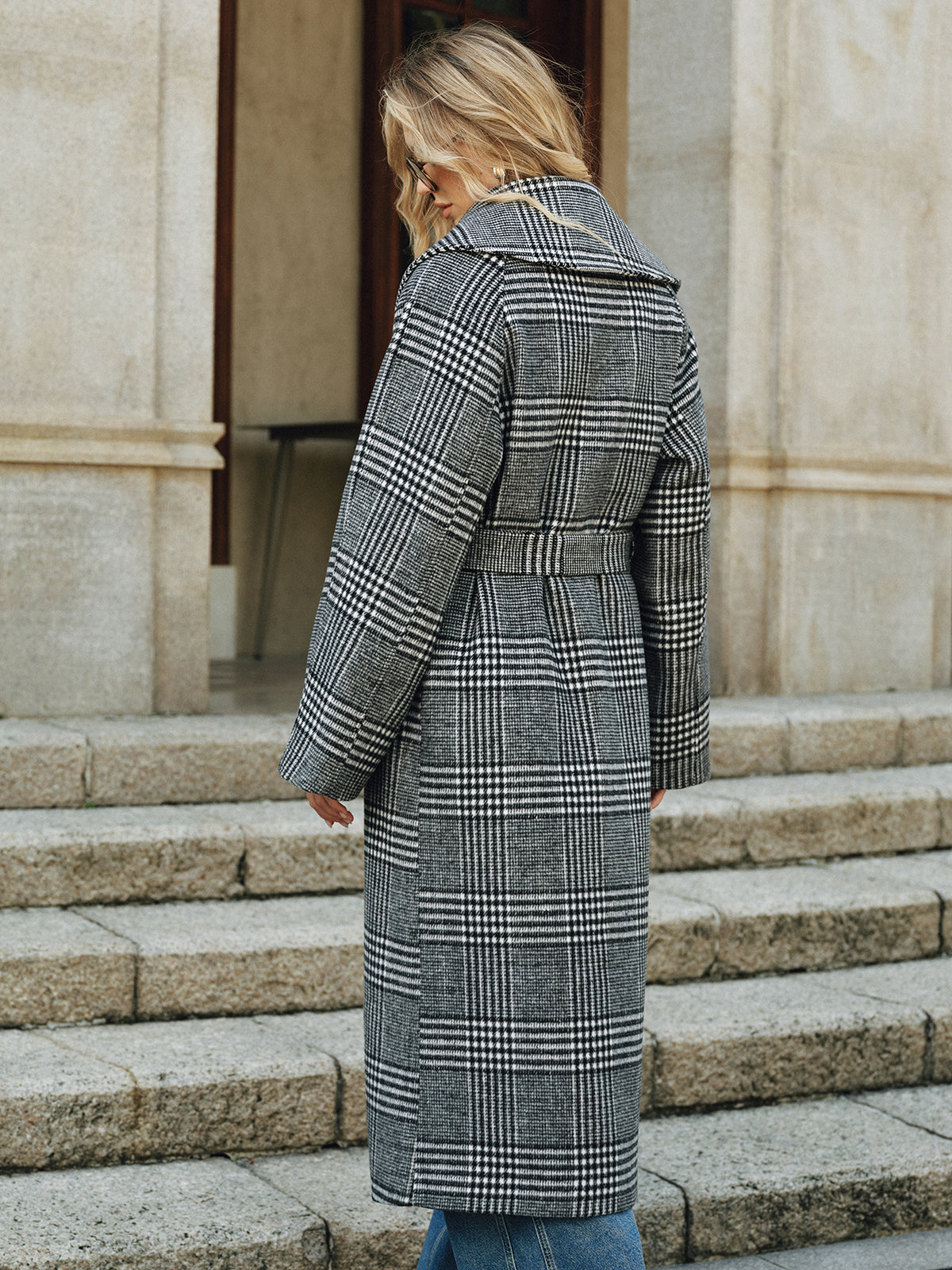 Belted Plaid Tweed Long Coat-Chicvia