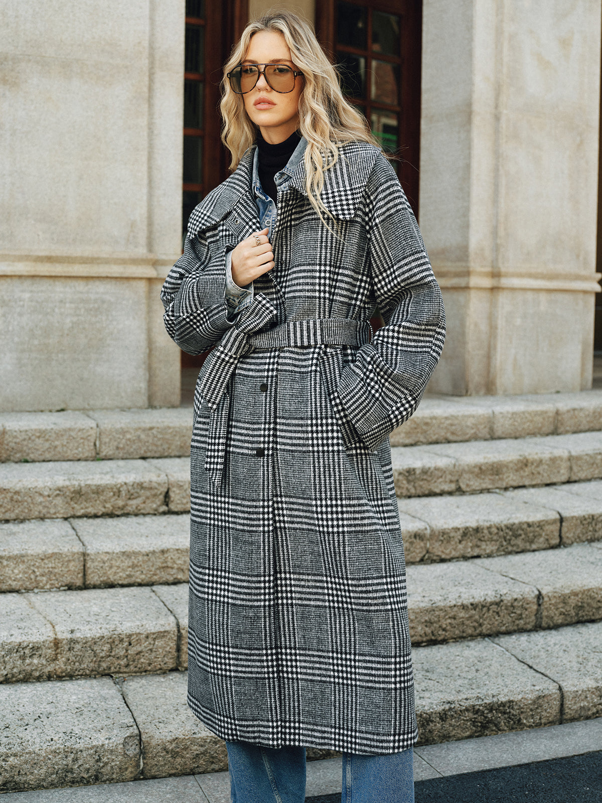 Belted Plaid Tweed Long Coat-Chicvia