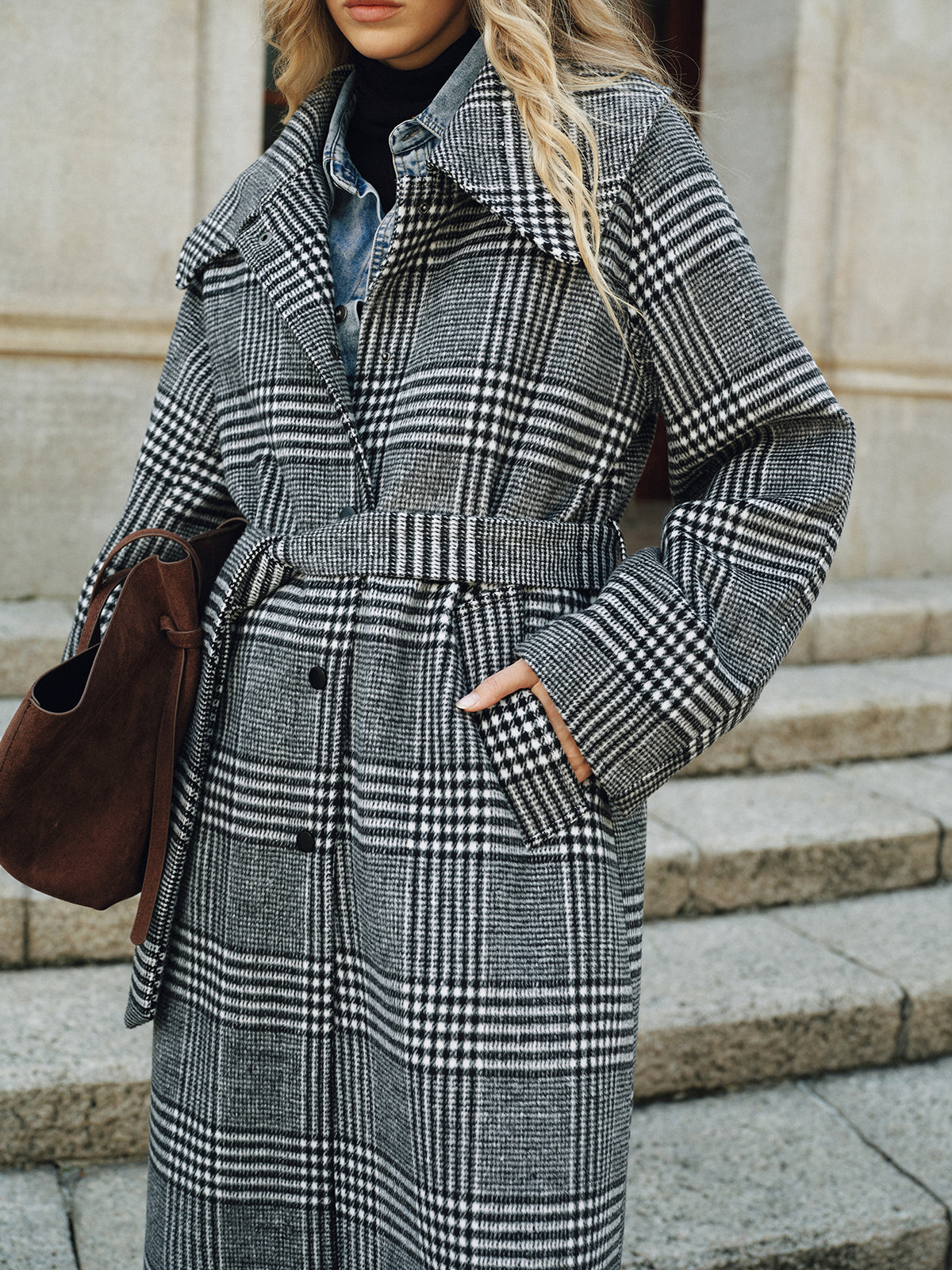 Belted Plaid Tweed Long Coat-Chicvia