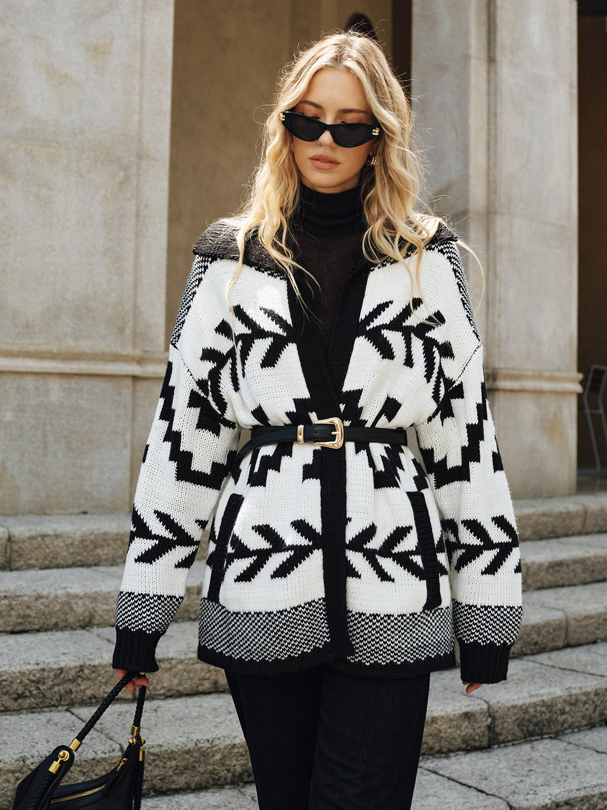 Geometric Pattern Collared Knit Cardigan without Belt-Chicvia