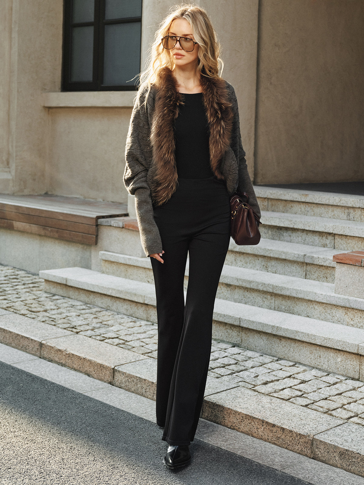 Faux Fur Collar Wool Blend Knit Outerwear-Chicvia