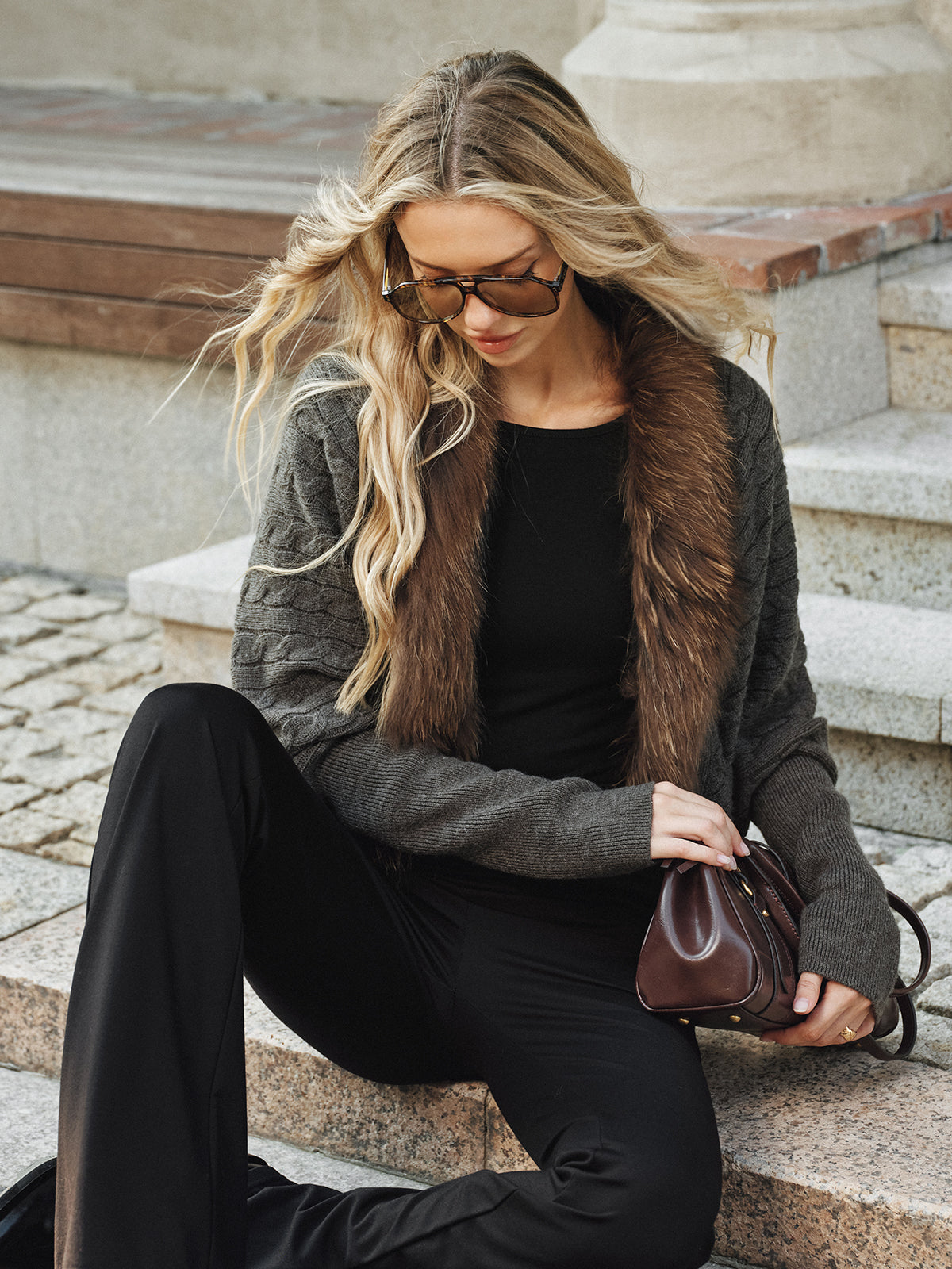 Faux Fur Collar Wool Blend Knit Outerwear-Chicvia