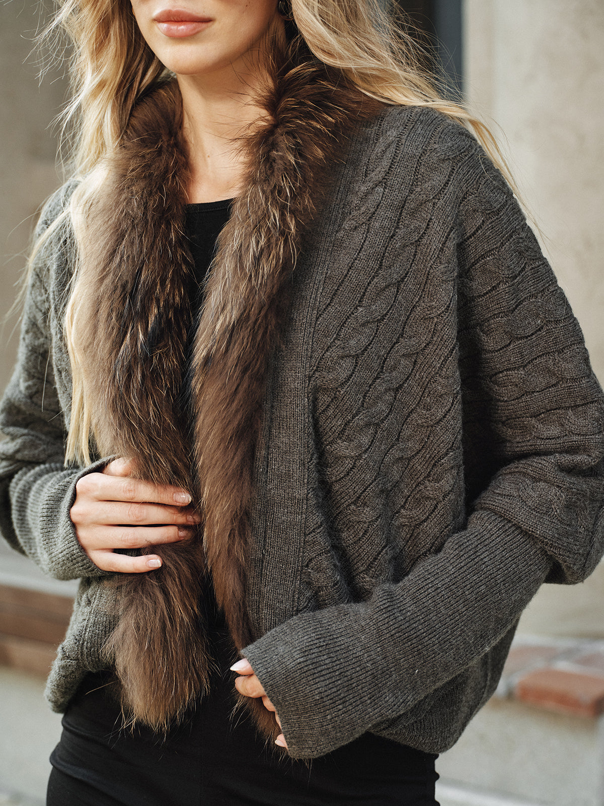 Faux Fur Collar Wool Blend Knit Outerwear-Chicvia