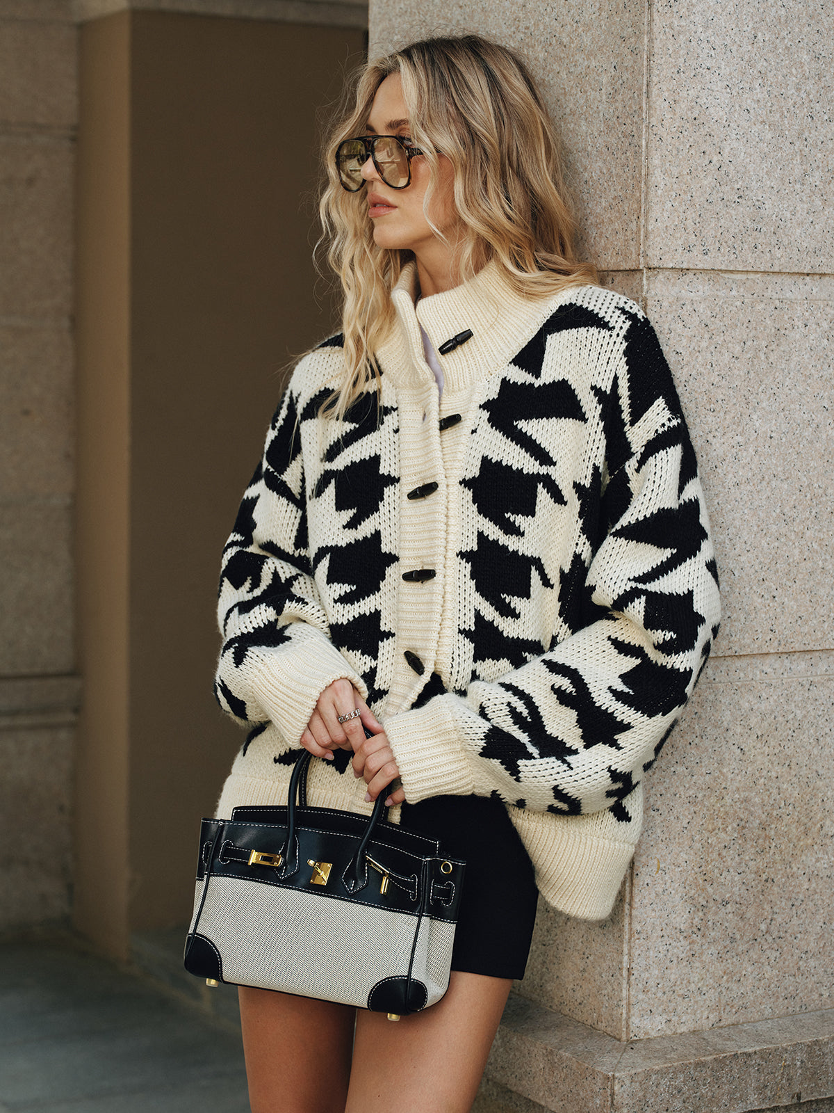 Houndstooth Horn Button Knit Cardigan-Chicvia