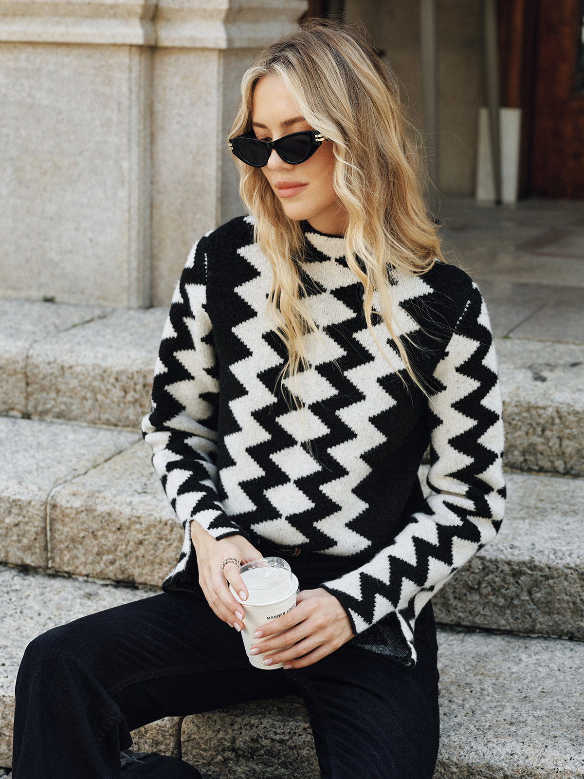 Chevron Pattern Mock Neck Knit Sweater-Chicvia