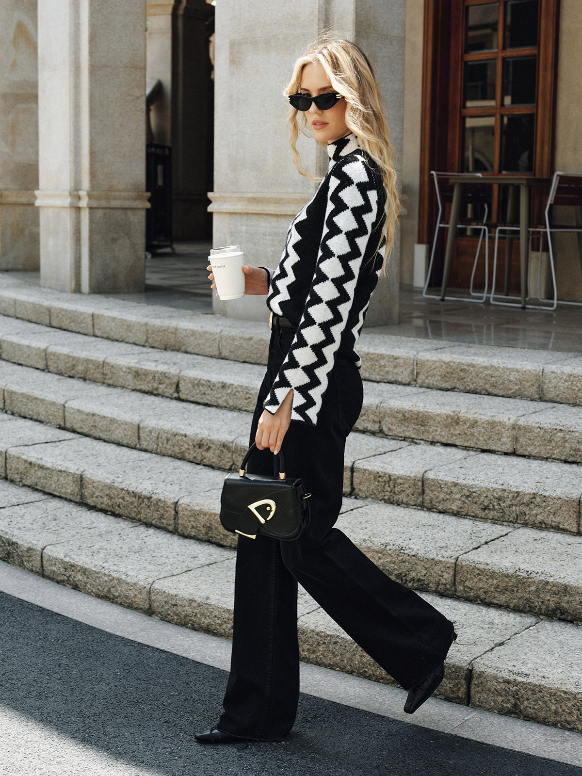 Chevron Pattern Mock Neck Knit Sweater-Chicvia