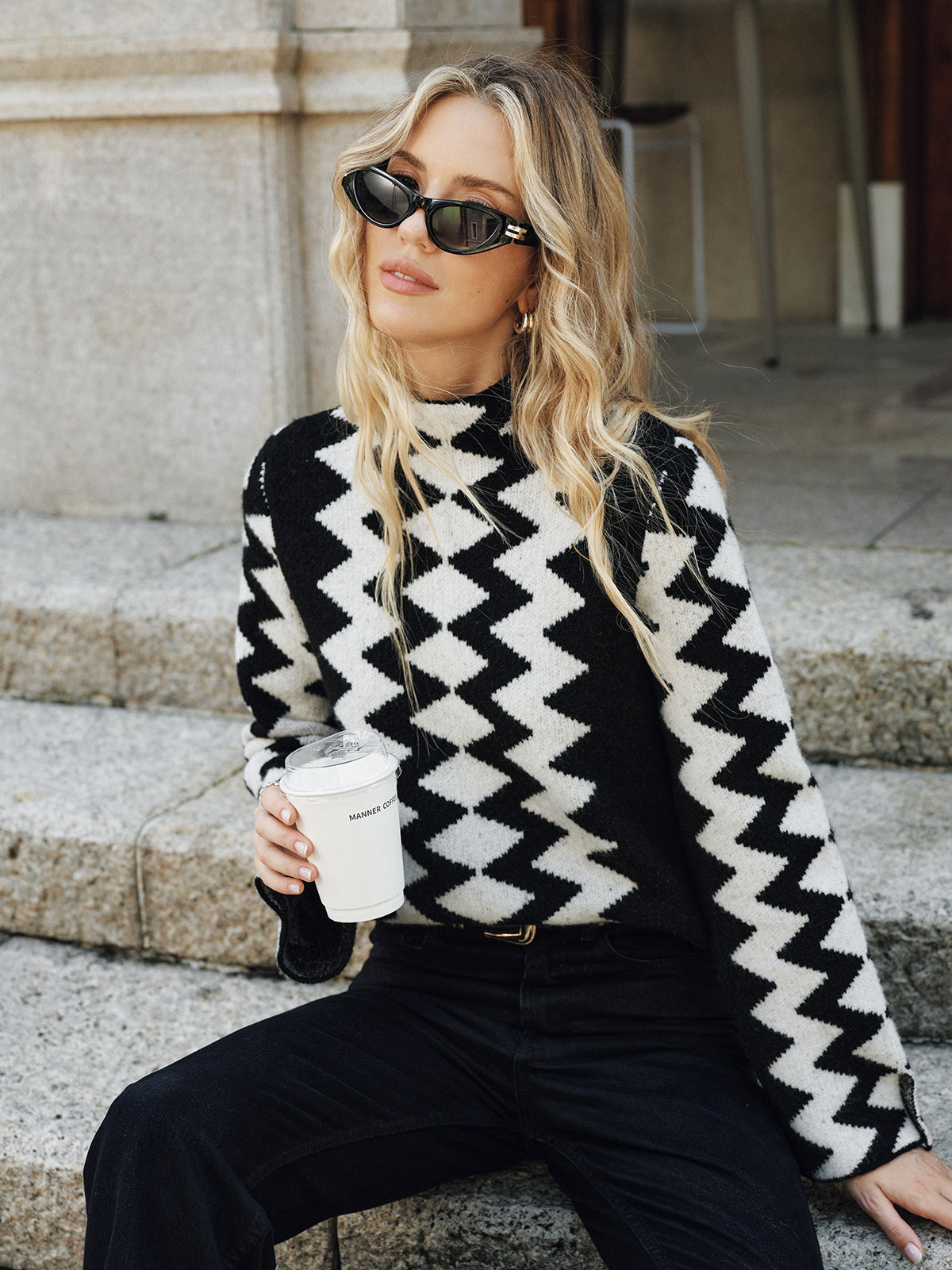 Chevron Pattern Mock Neck Knit Sweater-Chicvia
