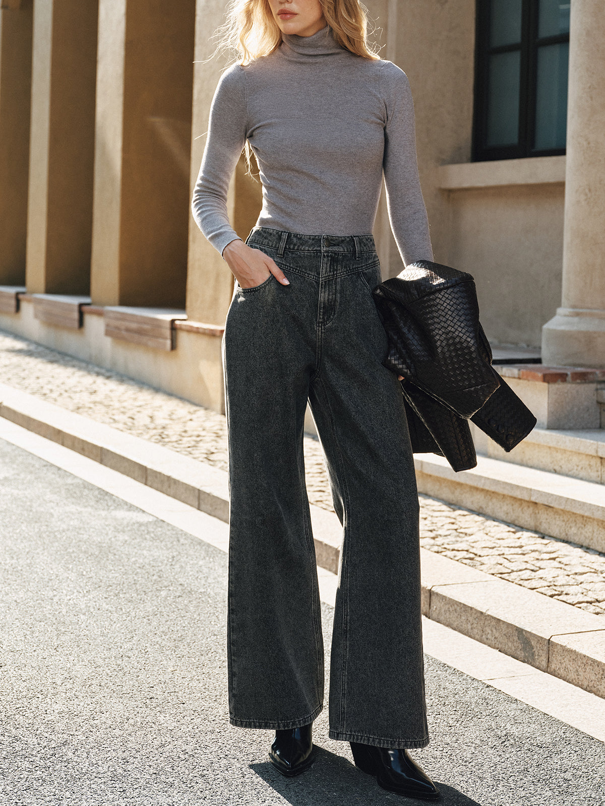 High-Waisted Washed Denim Pants-Chicvia