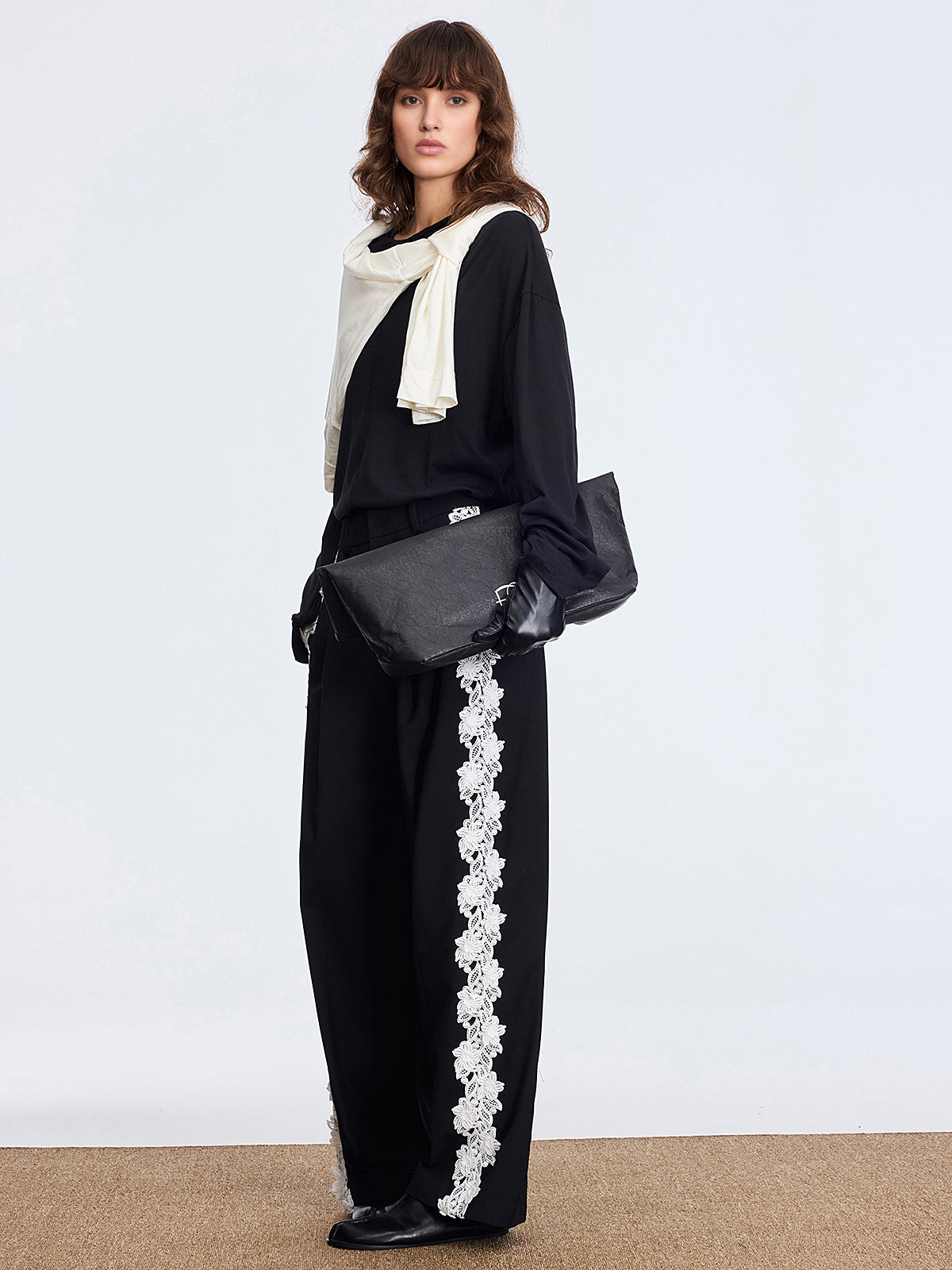 Lace Side Panel Wide-Leg Pants-Chicvia