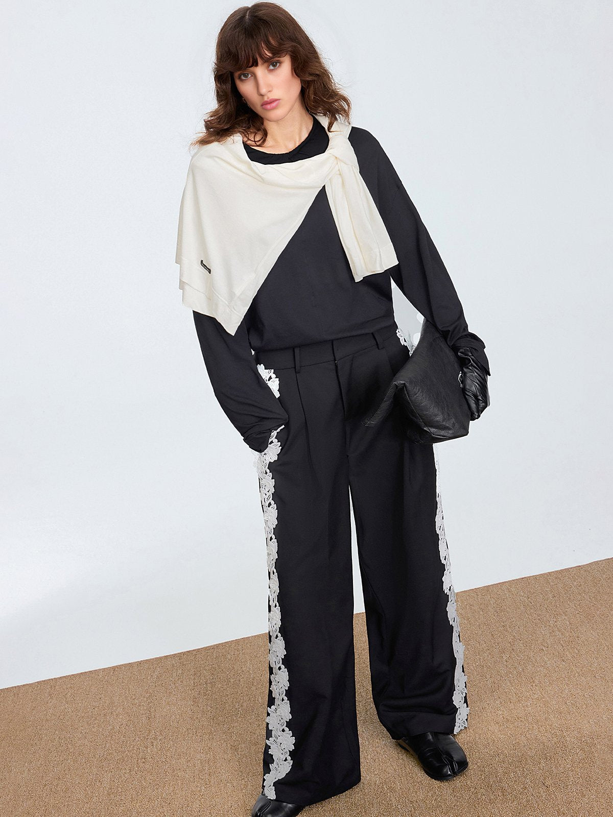 Lace Side Panel Wide-Leg Pants-Chicvia