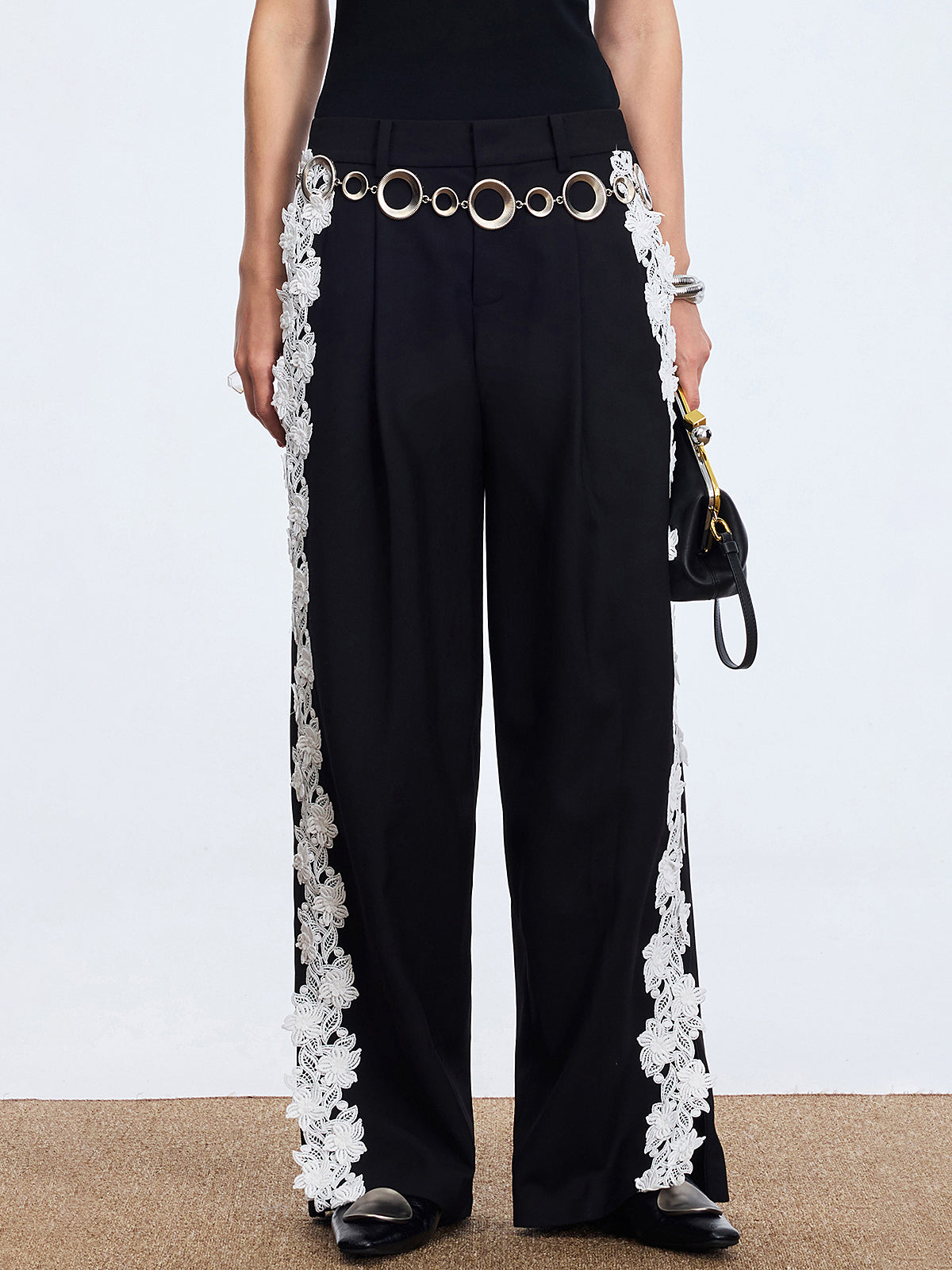 Lace Side Panel Wide-Leg Pants-Chicvia