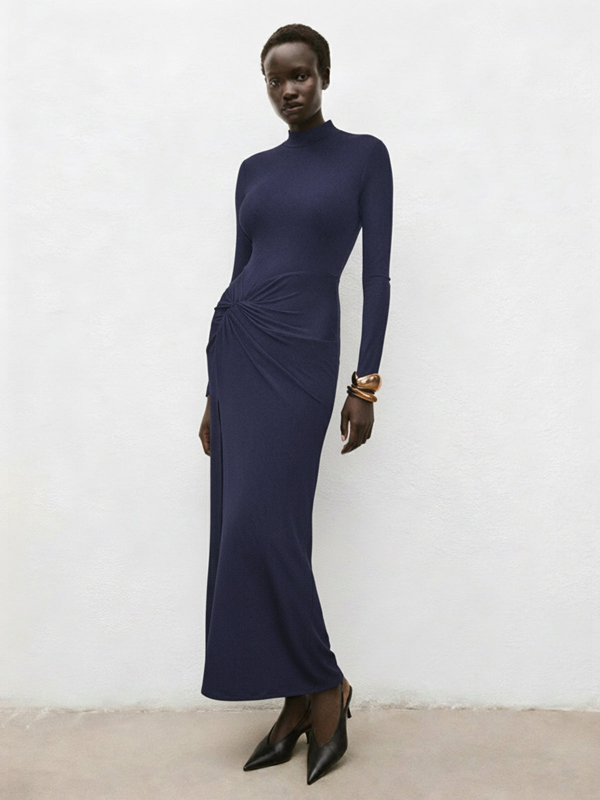 Mock Neck Ruched Slit Maxi Dress-Chicvia