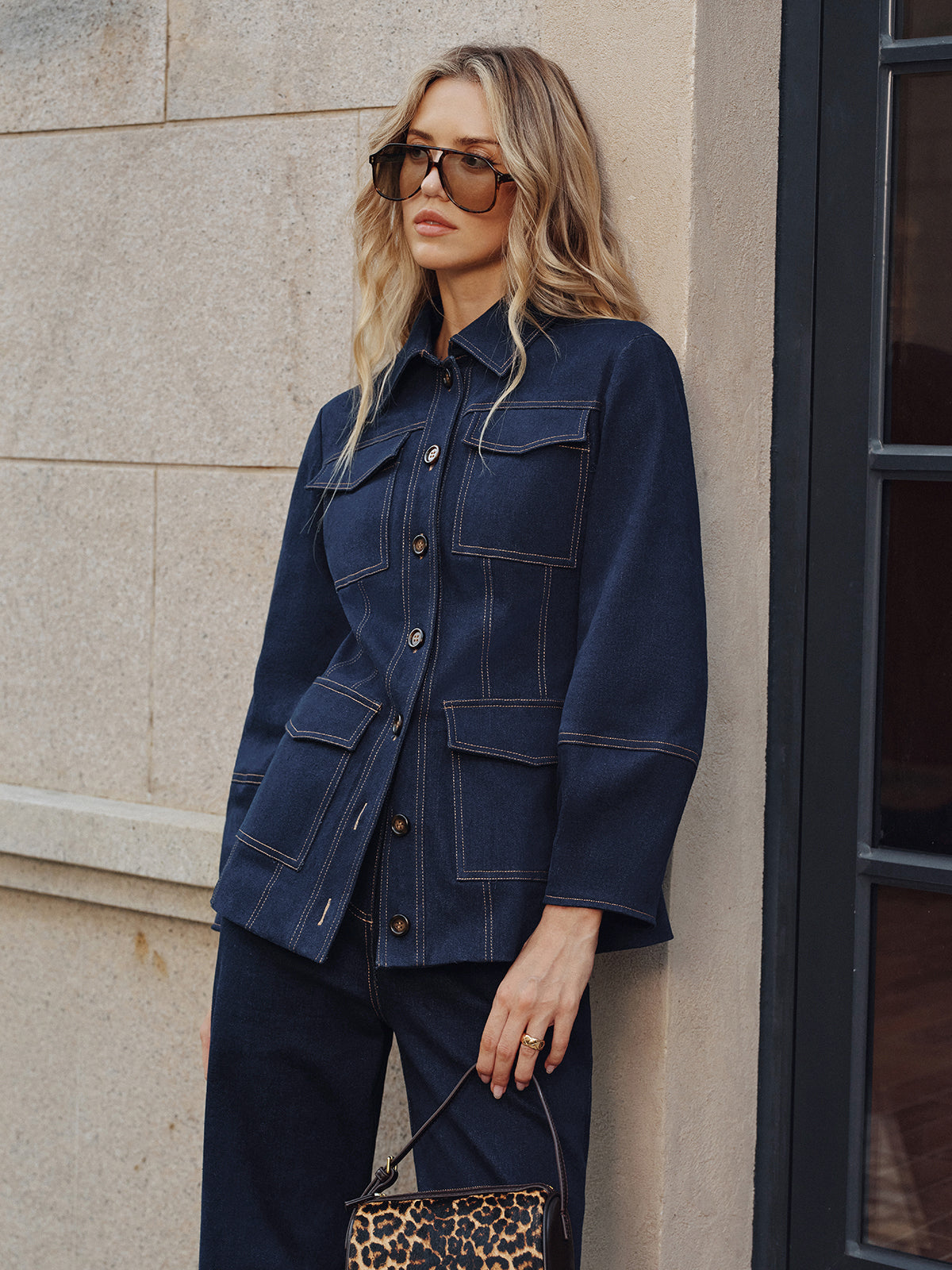 Contrast Stitch Denim Jacket-Chicvia