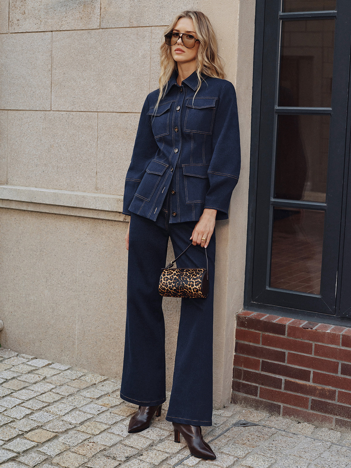 Contrast Stitch Denim Jacket-Chicvia