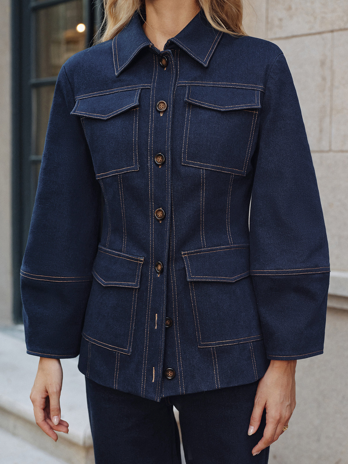 Contrast Stitch Denim Jacket-Chicvia