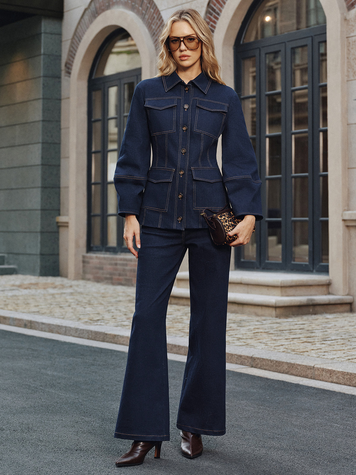 Contrast Stitch Denim Jacket-Chicvia