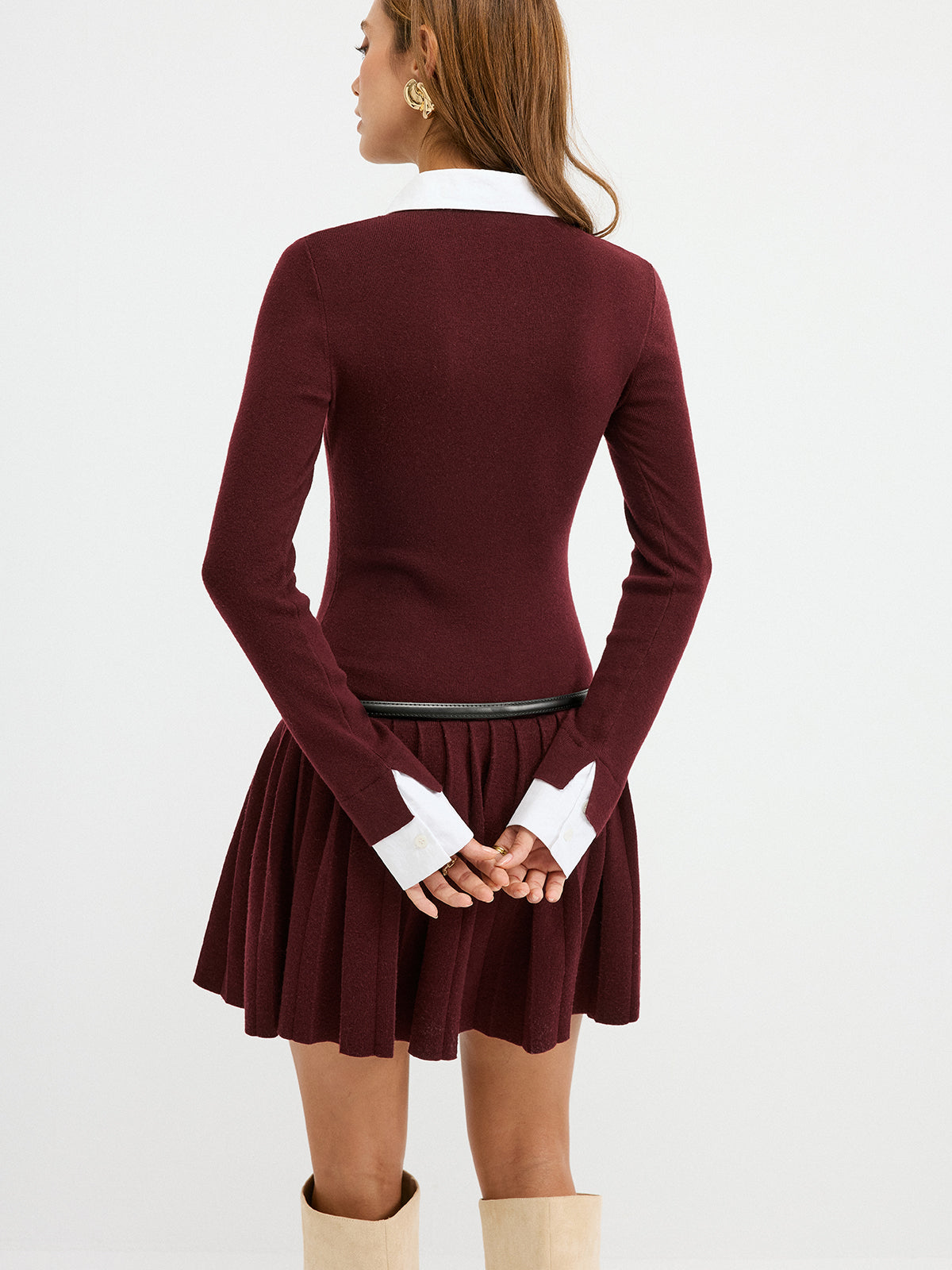 Detachable Shirt Collar Pleated Mini Dress without Belt-Chicvia