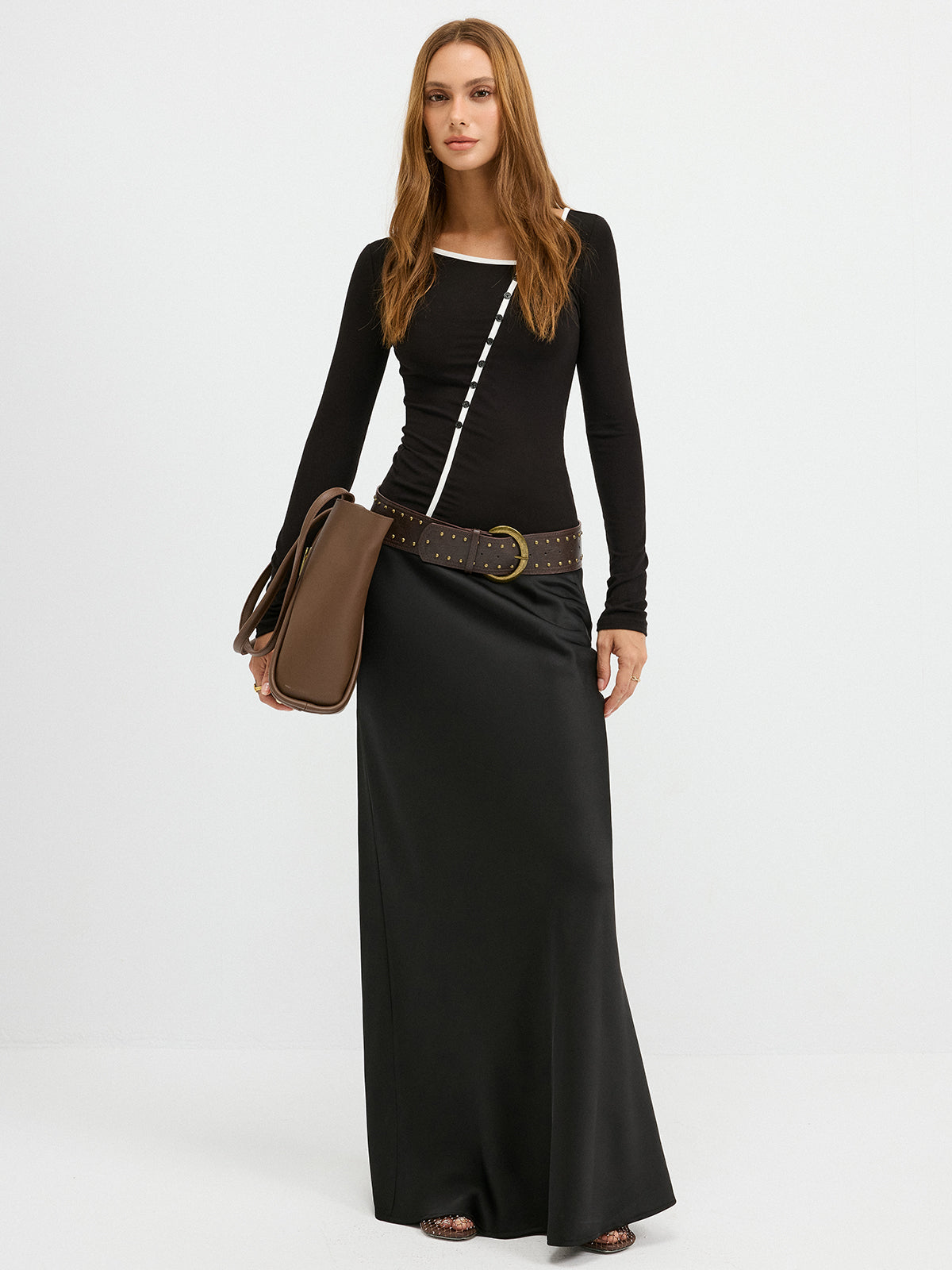 Contrast Trim Decor Button Asymmetric Collar Top-Chicvia