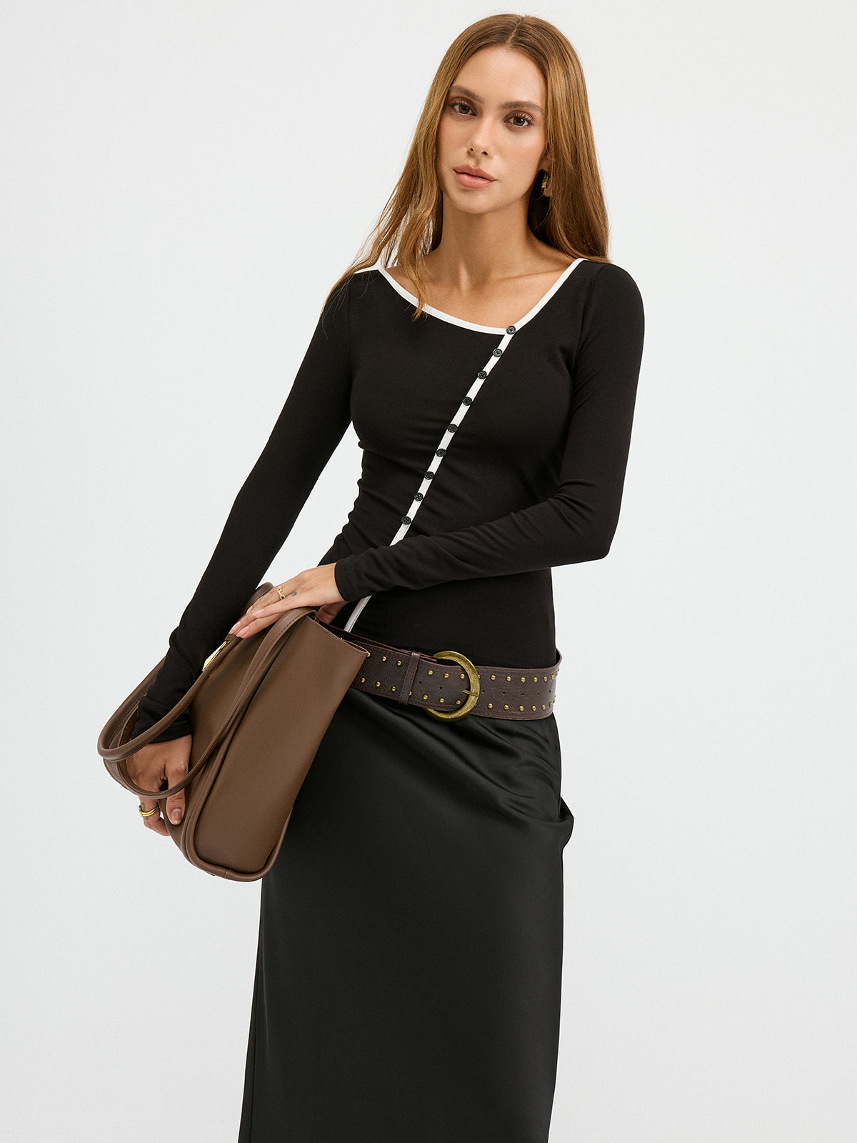 Contrast Trim Decor Button Asymmetric Collar Top-Chicvia