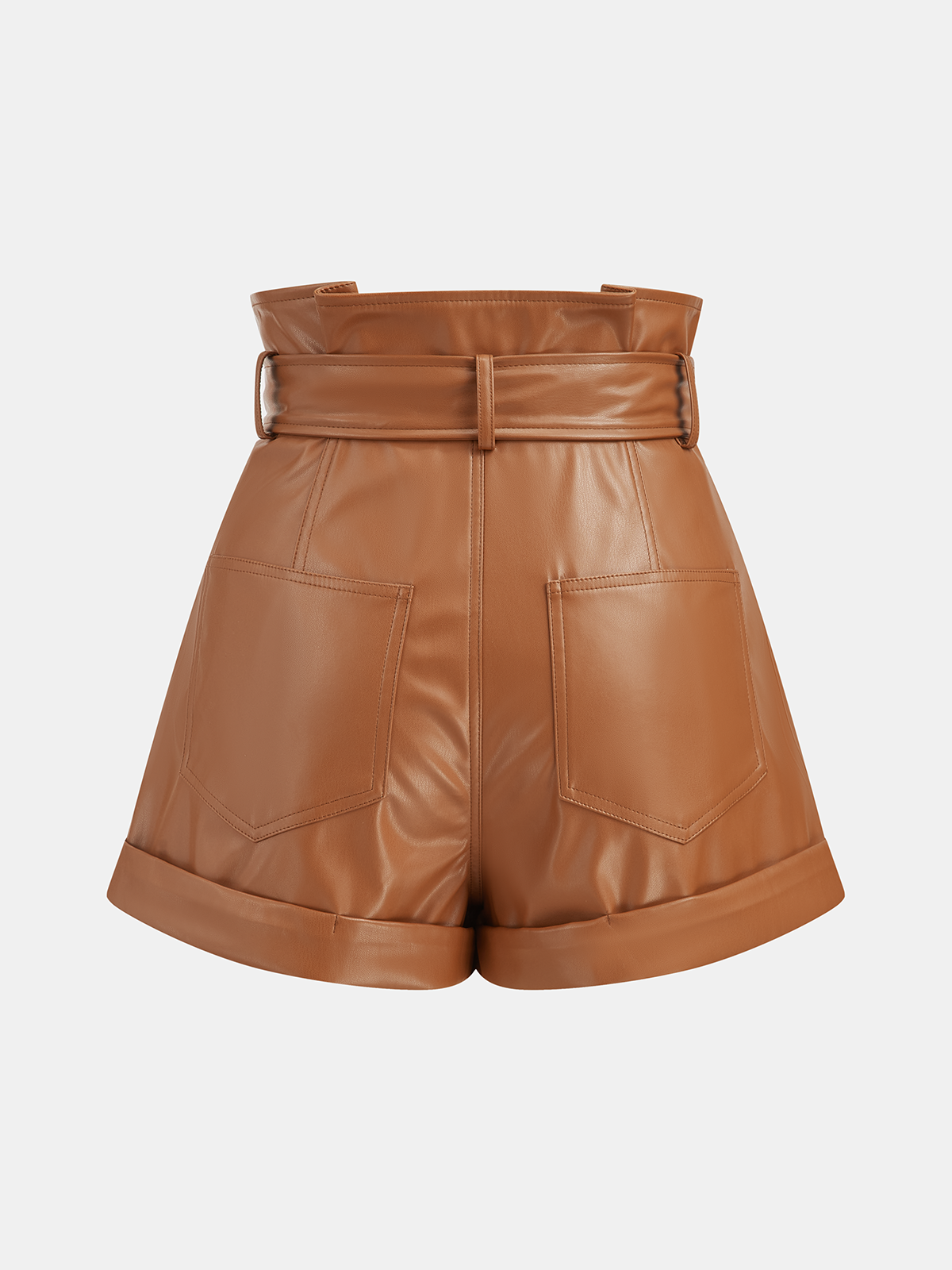 High-Waist PU Leather Cuffed Shorts with Belt-Chicvia
