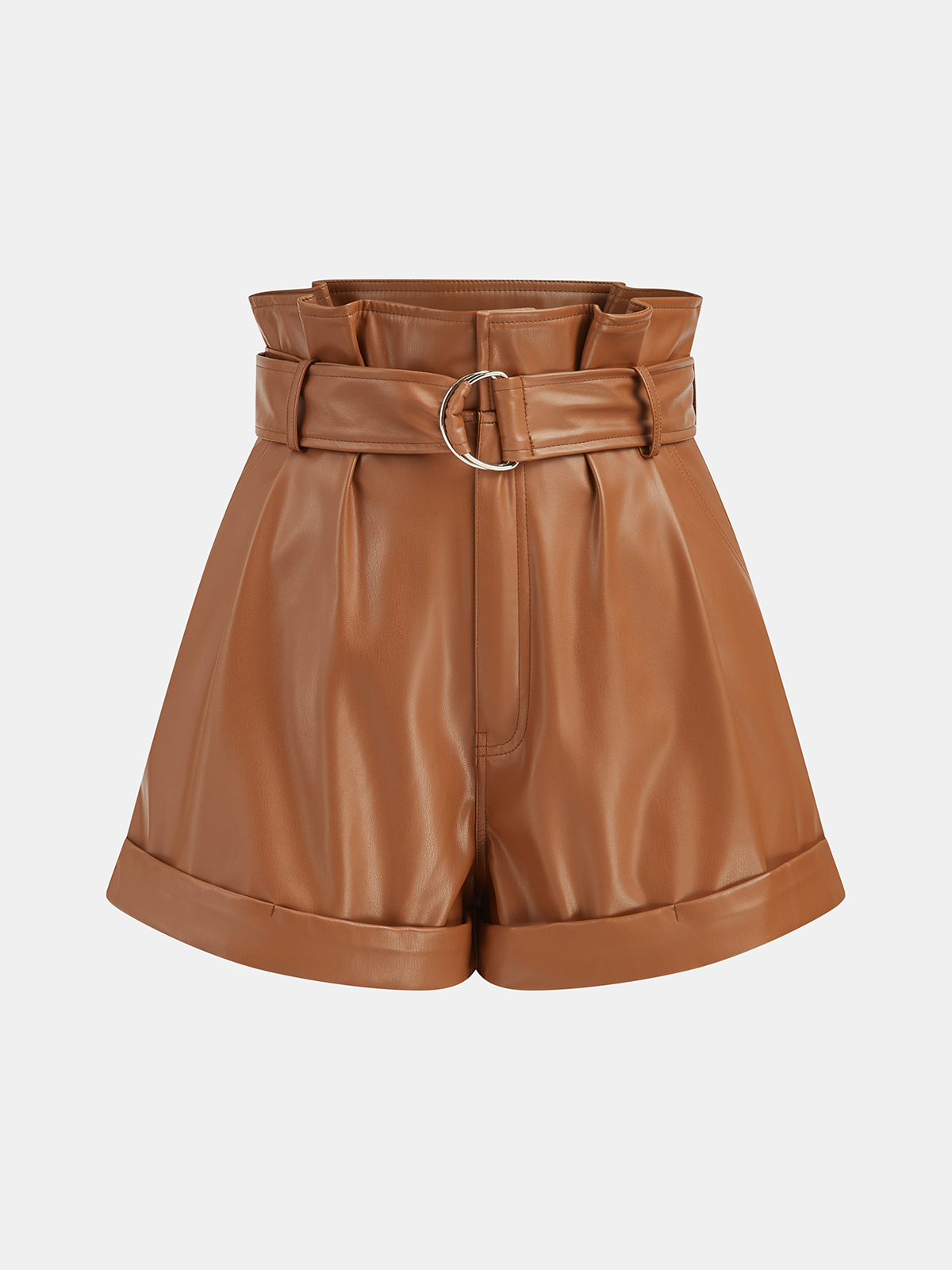 High-Waist PU Leather Cuffed Shorts with Belt-Chicvia
