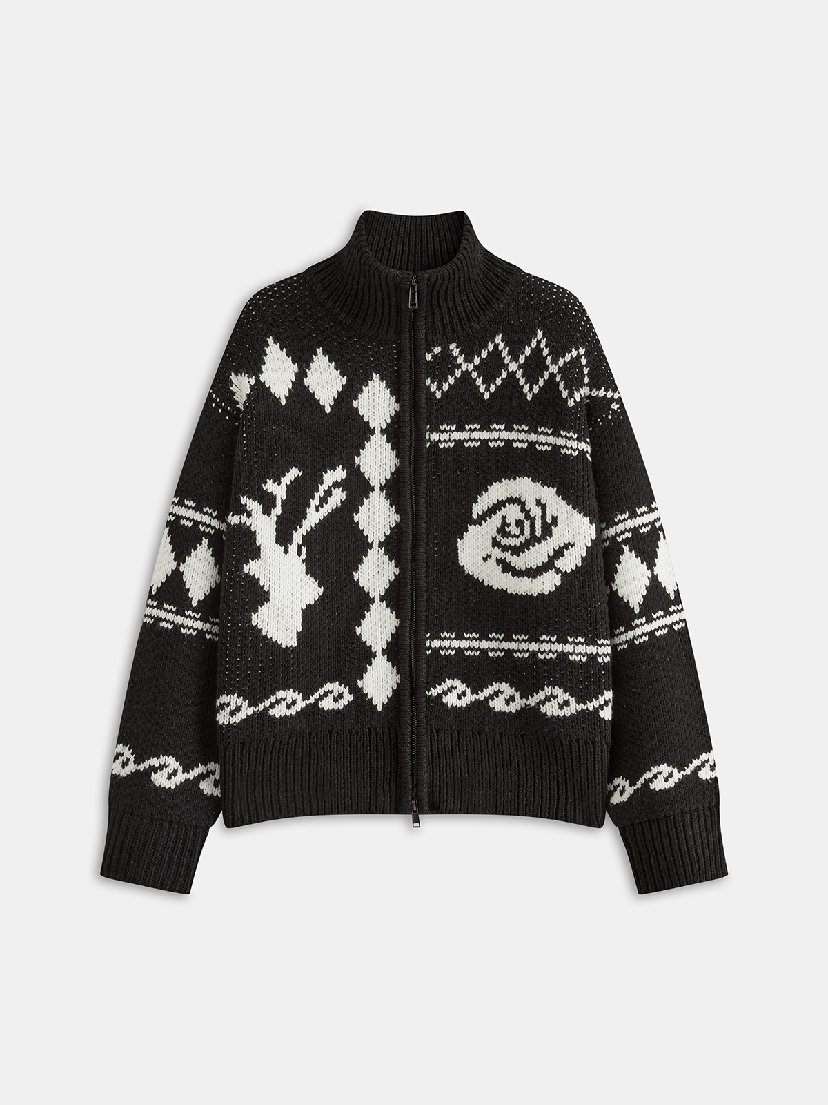 Fair Isle Zip-Up Knit Cardigan-Chicvia