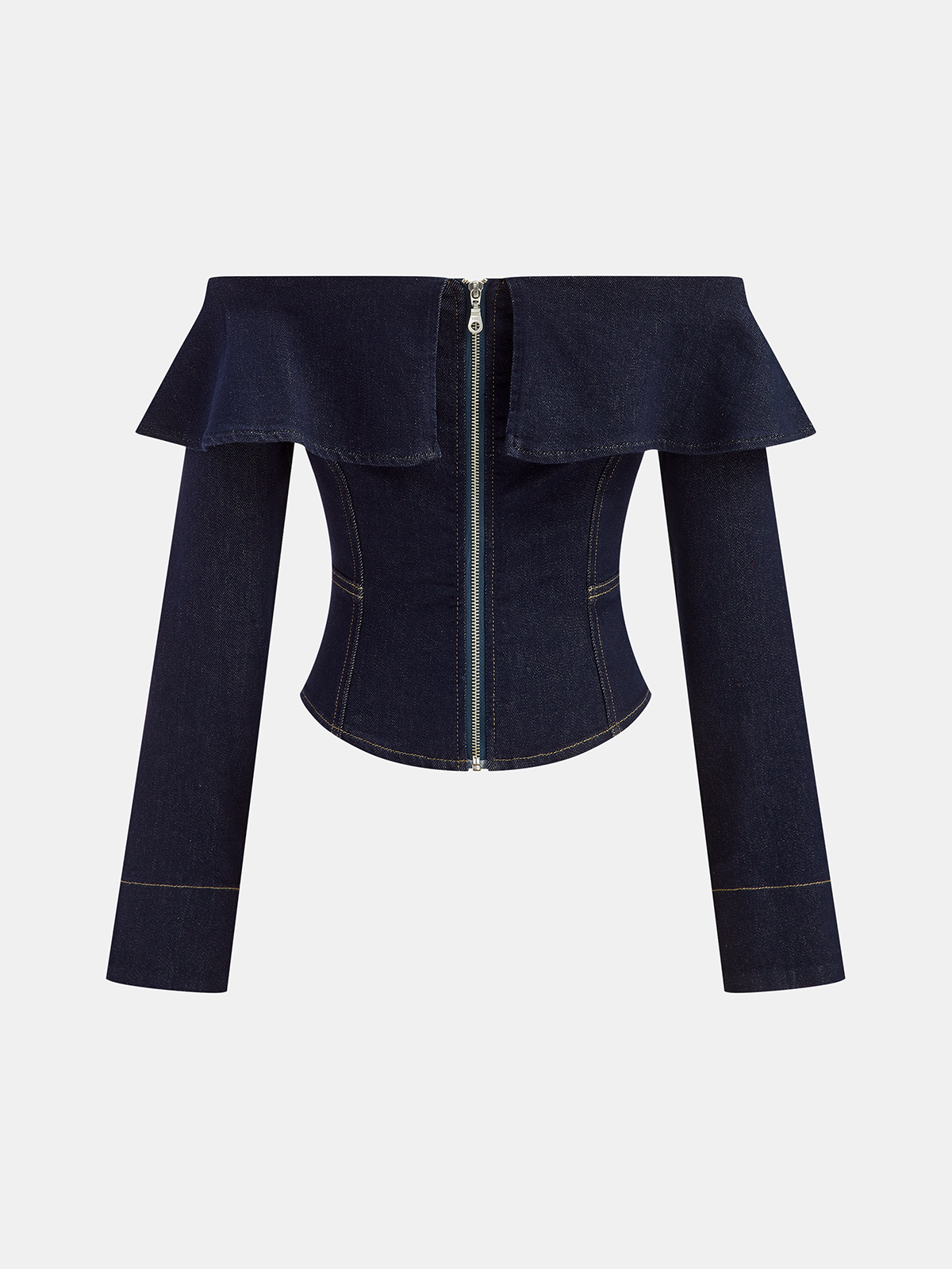 Off-Shoulder Ruffle Collar Denim Top-Chicvia