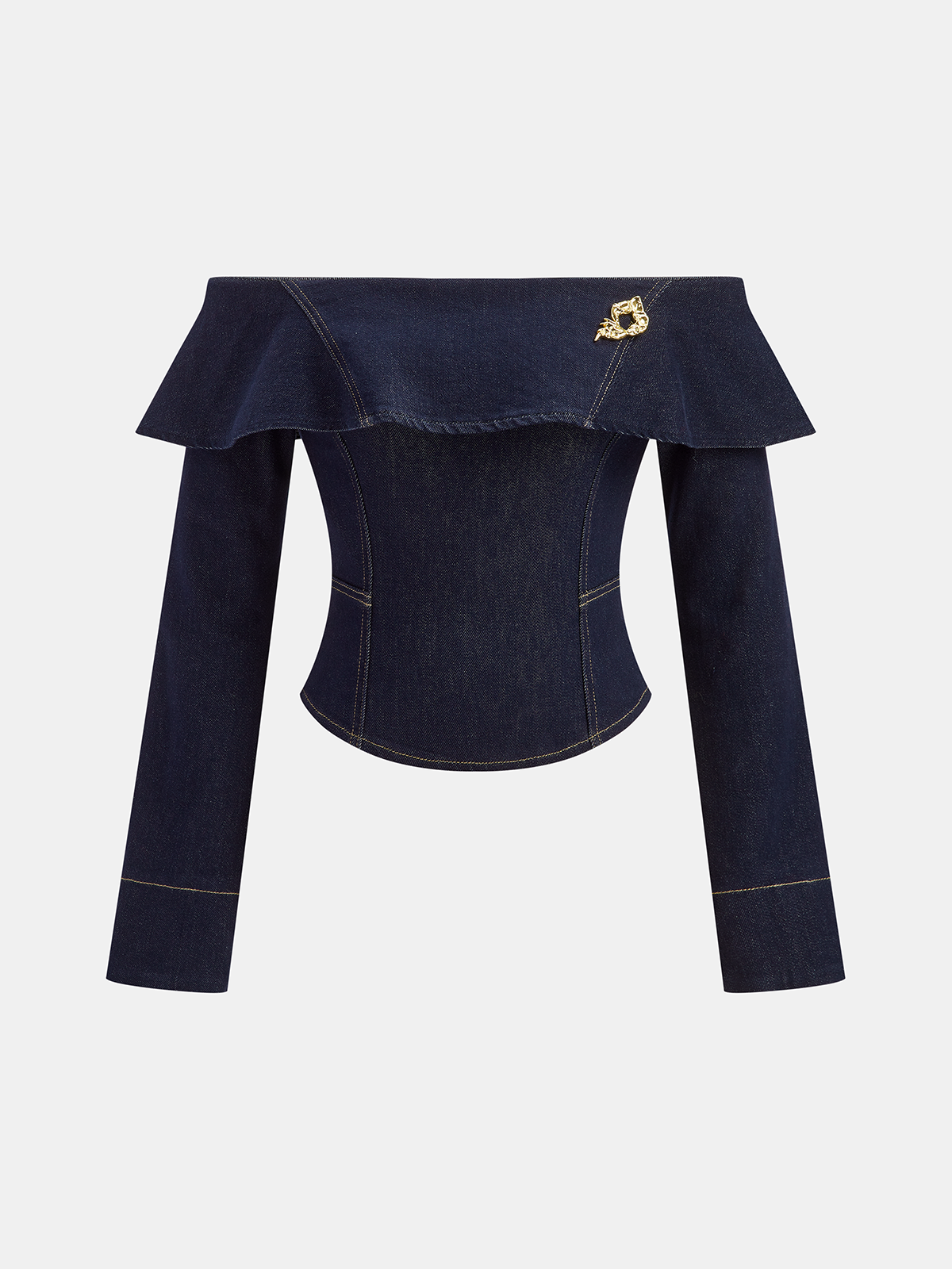 Off-Shoulder Ruffle Collar Denim Top-Chicvia