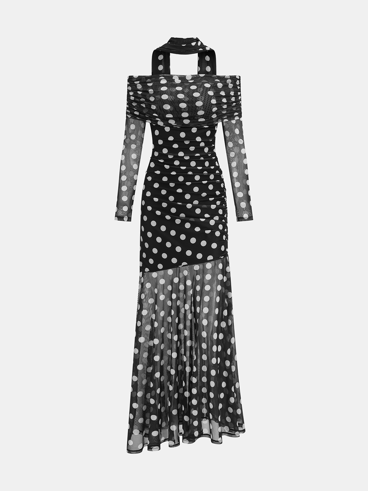 Floral Print Off-Shoulder Mesh Maxi Dress with Scarf Detail-Chicvia