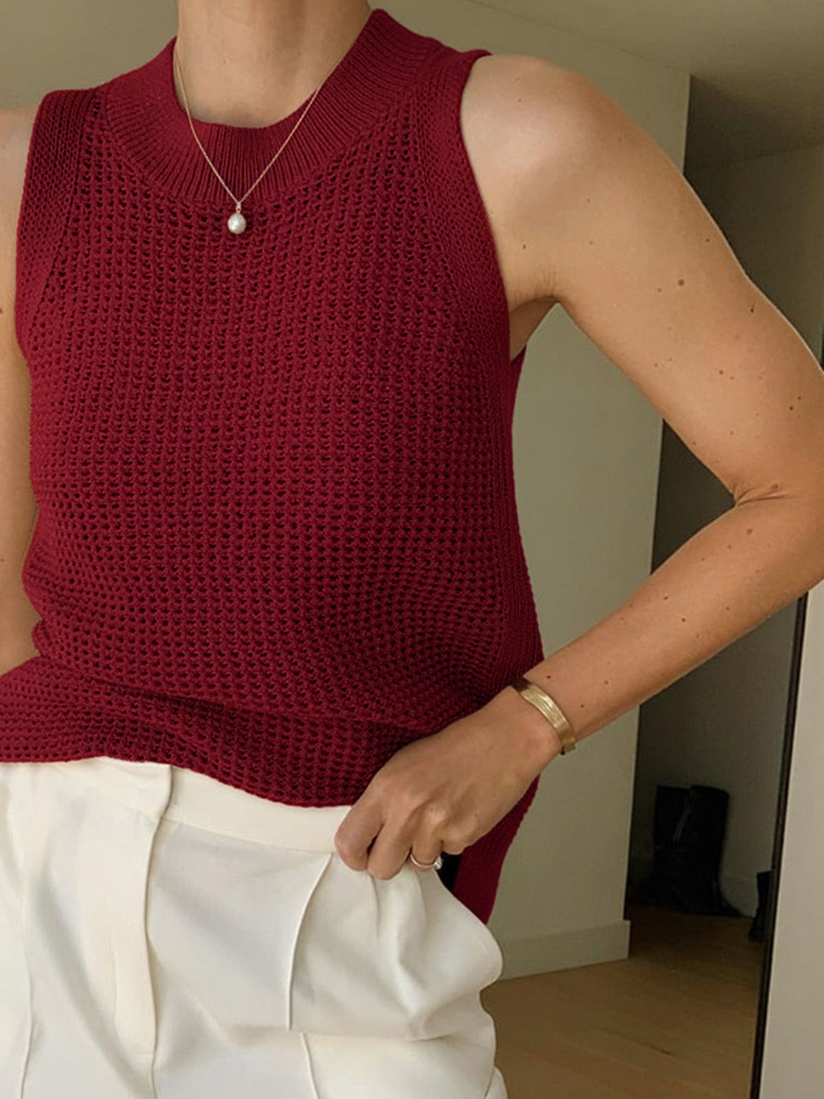 Knit Hollow Solid Tank Top-Chicvia