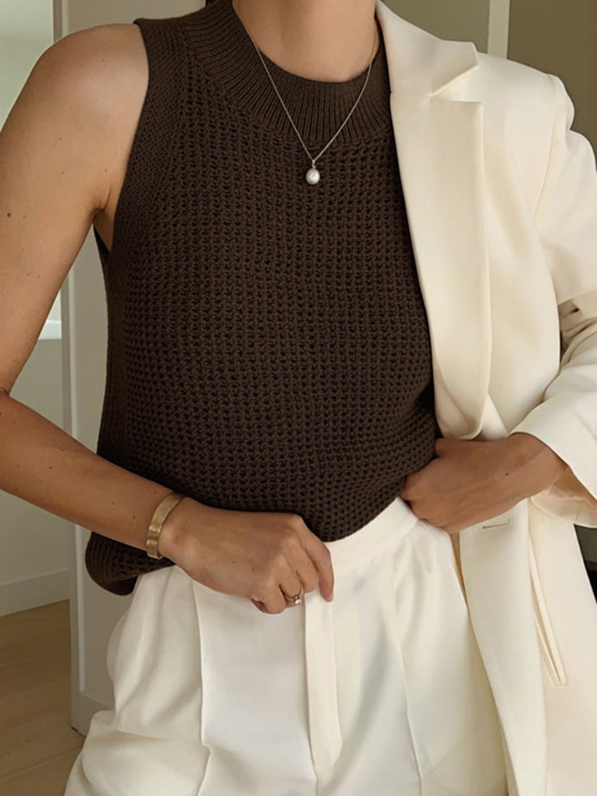 Knit Hollow Solid Tank Top-Chicvia