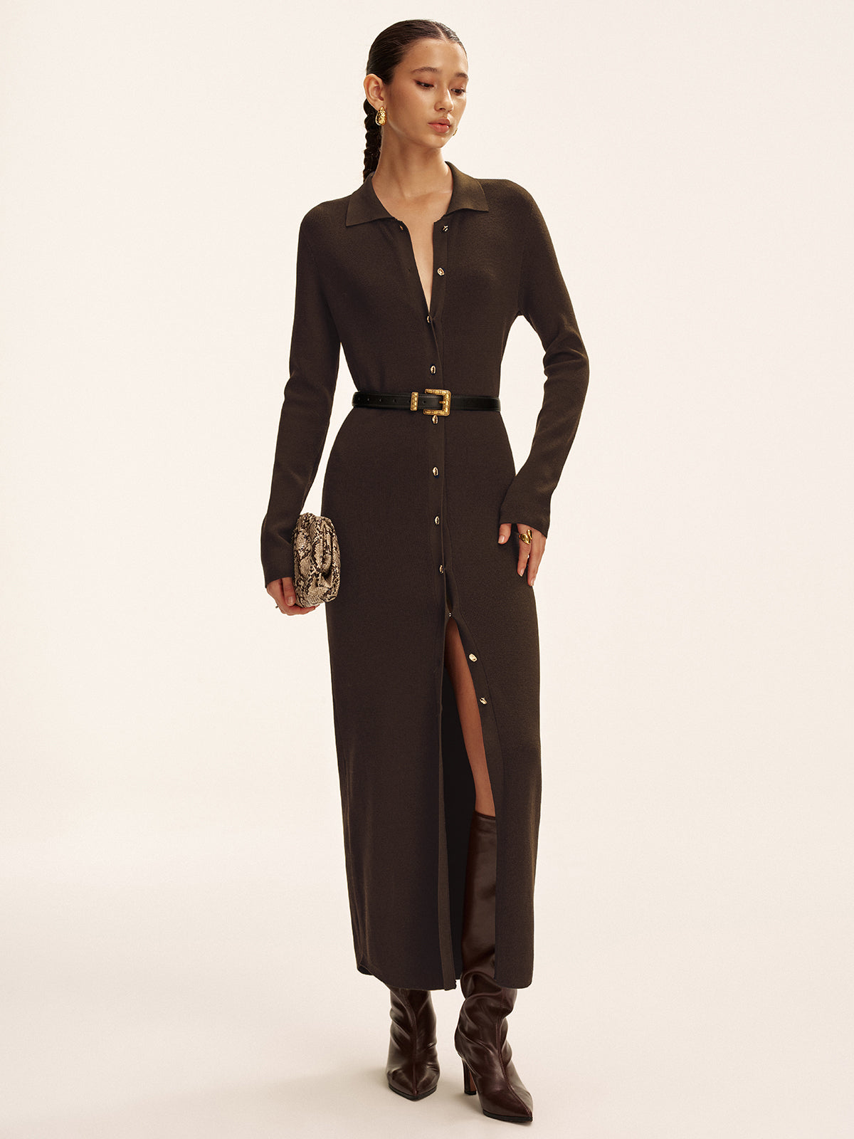 Long Sleeve Button Knit Maxi Dress without Belt-Chicvia