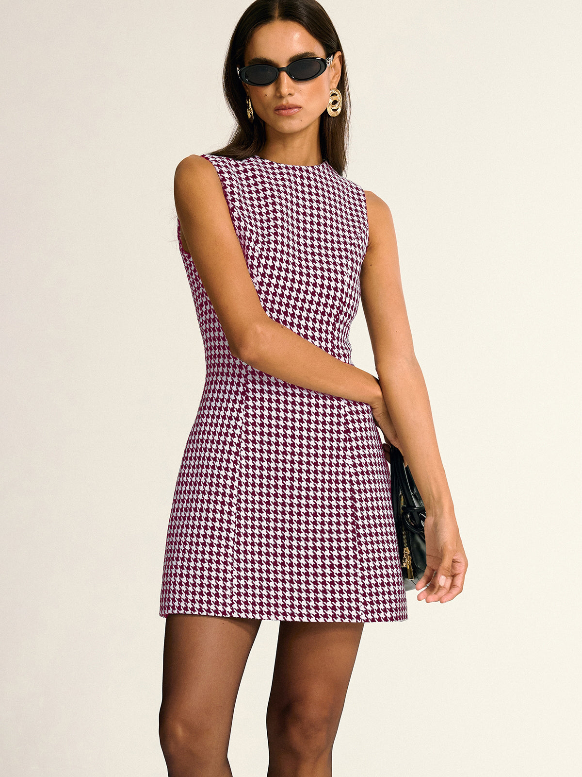 Houndstooth Sleeveless A-Line Mini Dress-Chicvia